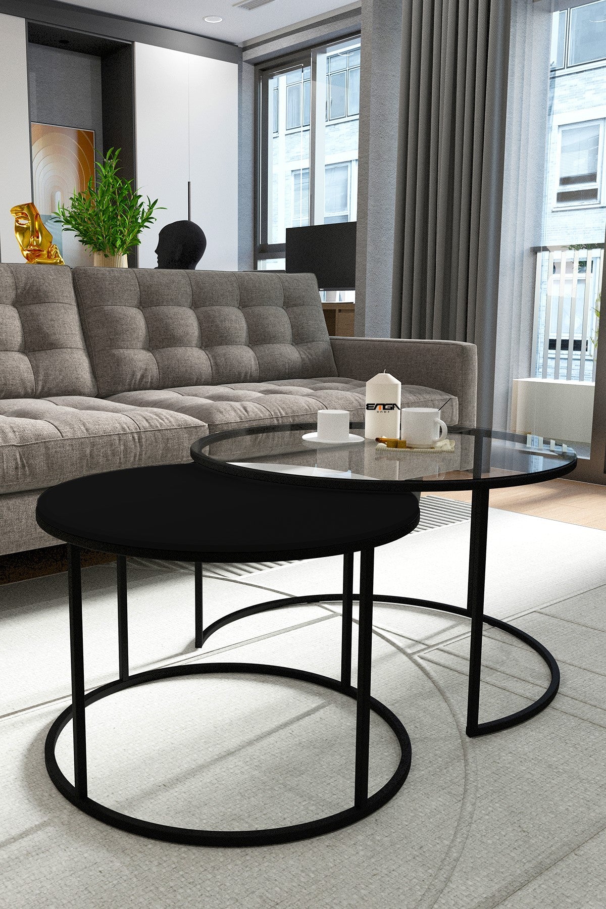 Mesa de Centro Moderna em Vidro Temperado e Metal - Design Transparente e Preto 72x45x72cm