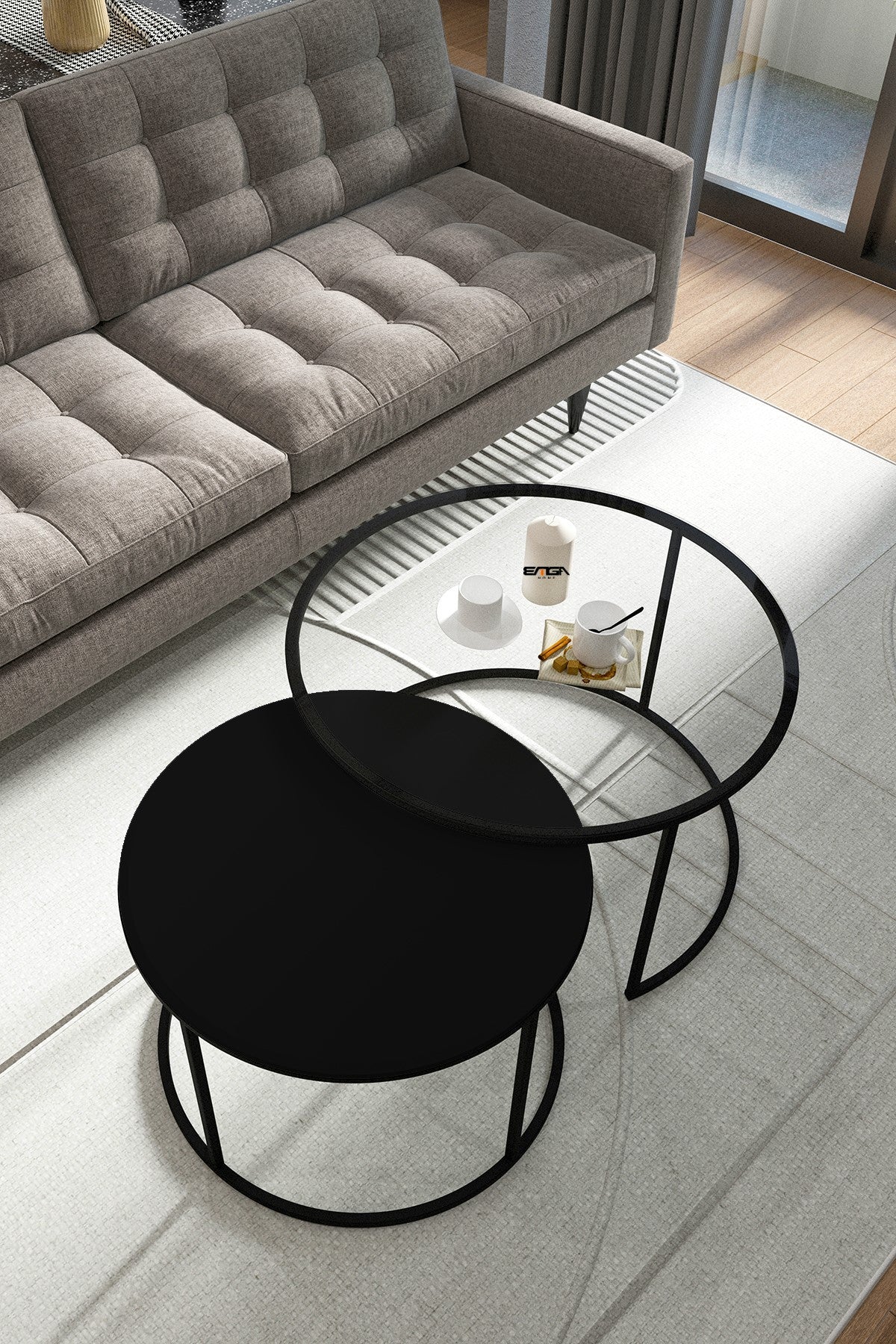 Mesa de Centro Moderna em Vidro Temperado e Metal - Design Transparente e Preto 72x45x72cm