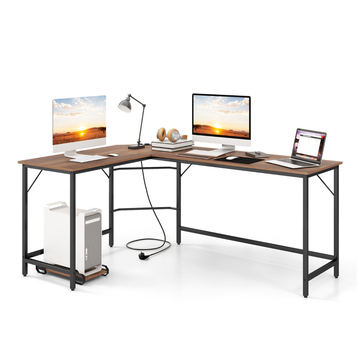 Escritório de Trabalho em Forma de L com Tomada de Corrente de 168 cm Suporte para CPU e Estrutura de Metal Resistente para Escritório Natural