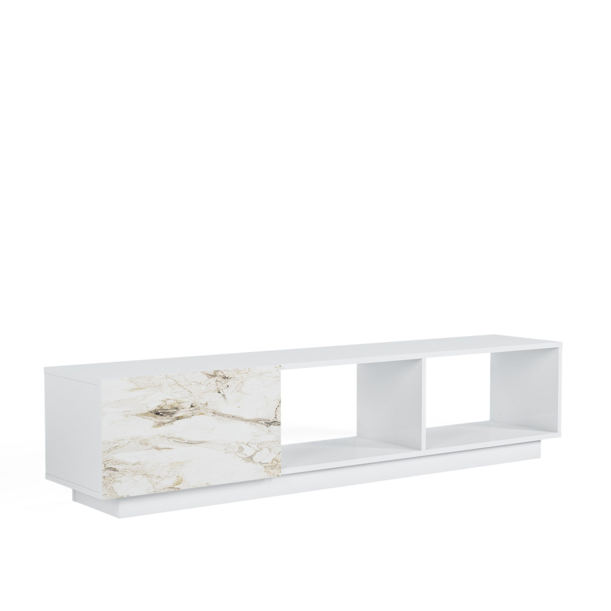 Mesa TV Branca 180cm com Gestão de Cabos e Múltiplas Prateleiras - Fixação na Parede