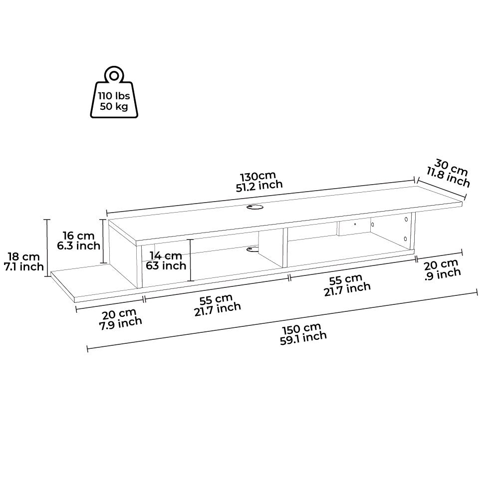 Mesa TV Preta 150cm com Prateleiras Múltiplas - Fixação na Parede Incluída