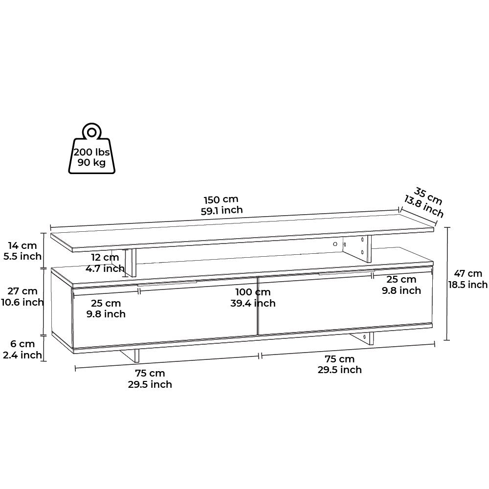 Mesa de TV Moderna com 150cm - Suporte Robusto para 90kg com Portas Rebatíveis e Puxadores Metálicos