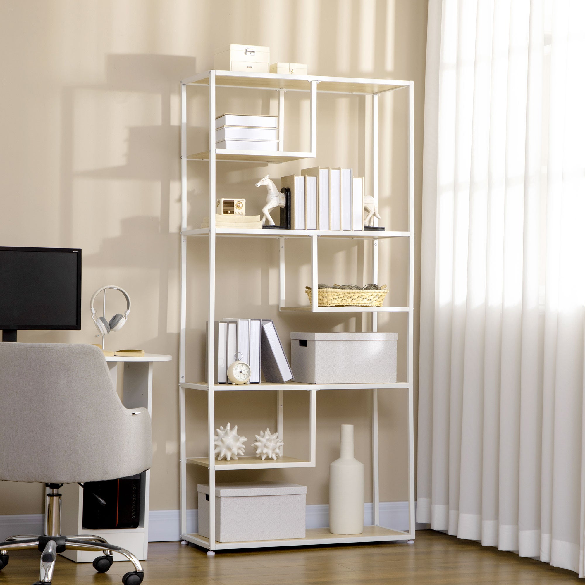 Estante de Armazenamento – 83x34x180cm – Carvalho e Branco – Aglomerado e Aço