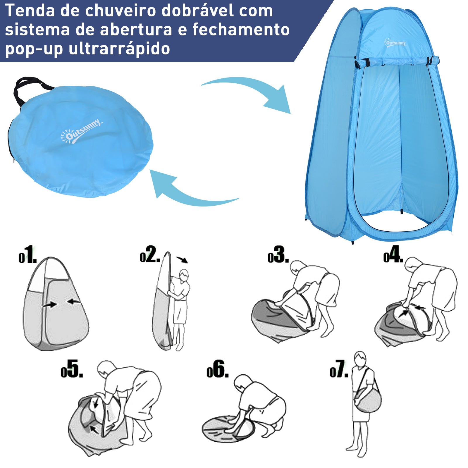 Tenda de Duche para Campismo Dobrável Pop UP Azul Claro 100x100x185cm