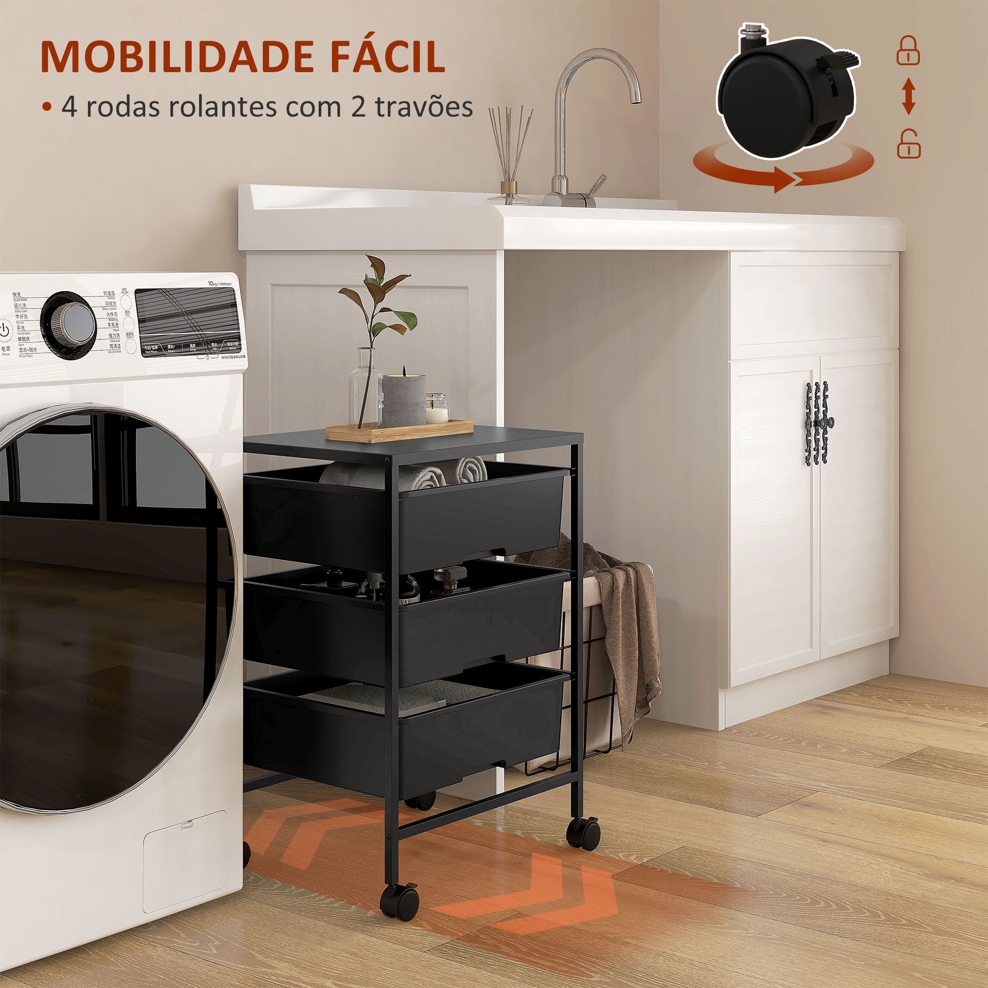 Carrinho Auxiliar de Cozinha com Rodas 3 Níveis 40,8x33,5x60,5 cm Preto
