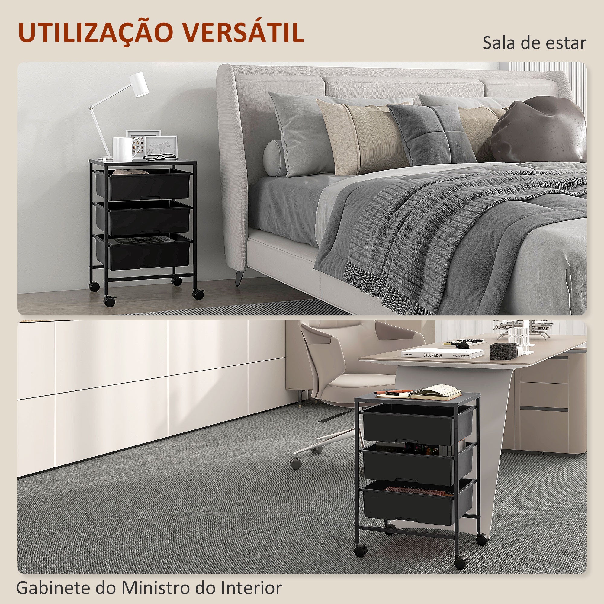 Carrinho Auxiliar de Cozinha com Rodas 3 Níveis 40,8x33,5x60,5 cm Preto