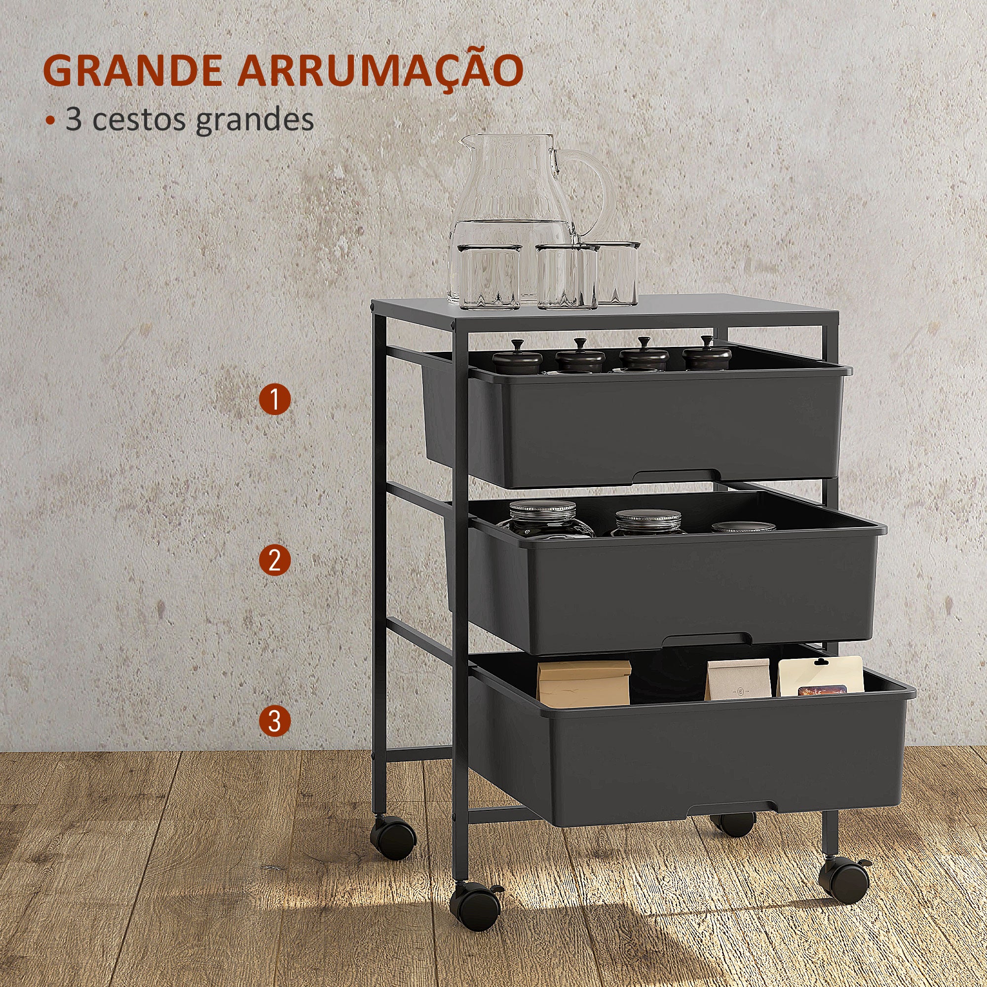 Carrinho Auxiliar de Cozinha com Rodas 3 Níveis 40,8x33,5x60,5 cm Preto