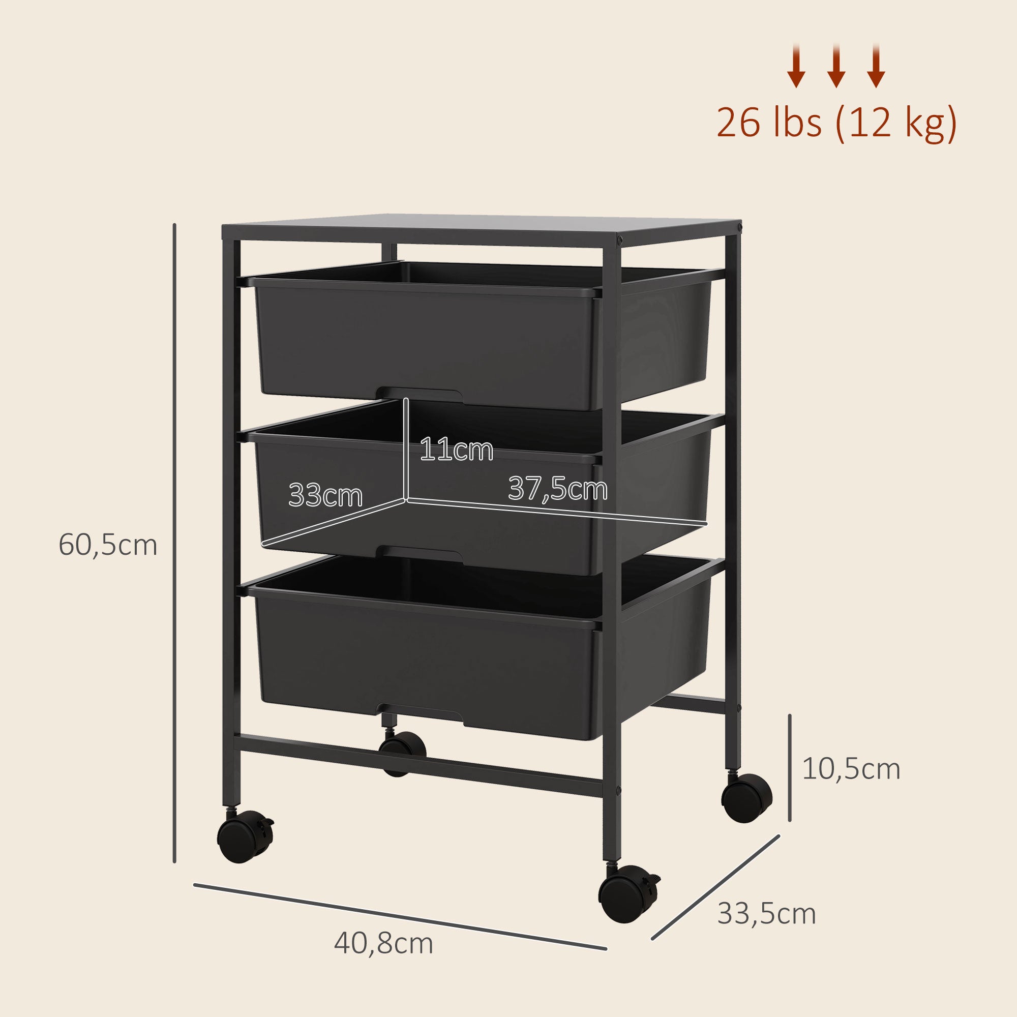 Carrinho Auxiliar de Cozinha com Rodas 3 Níveis 40,8x33,5x60,5 cm Preto