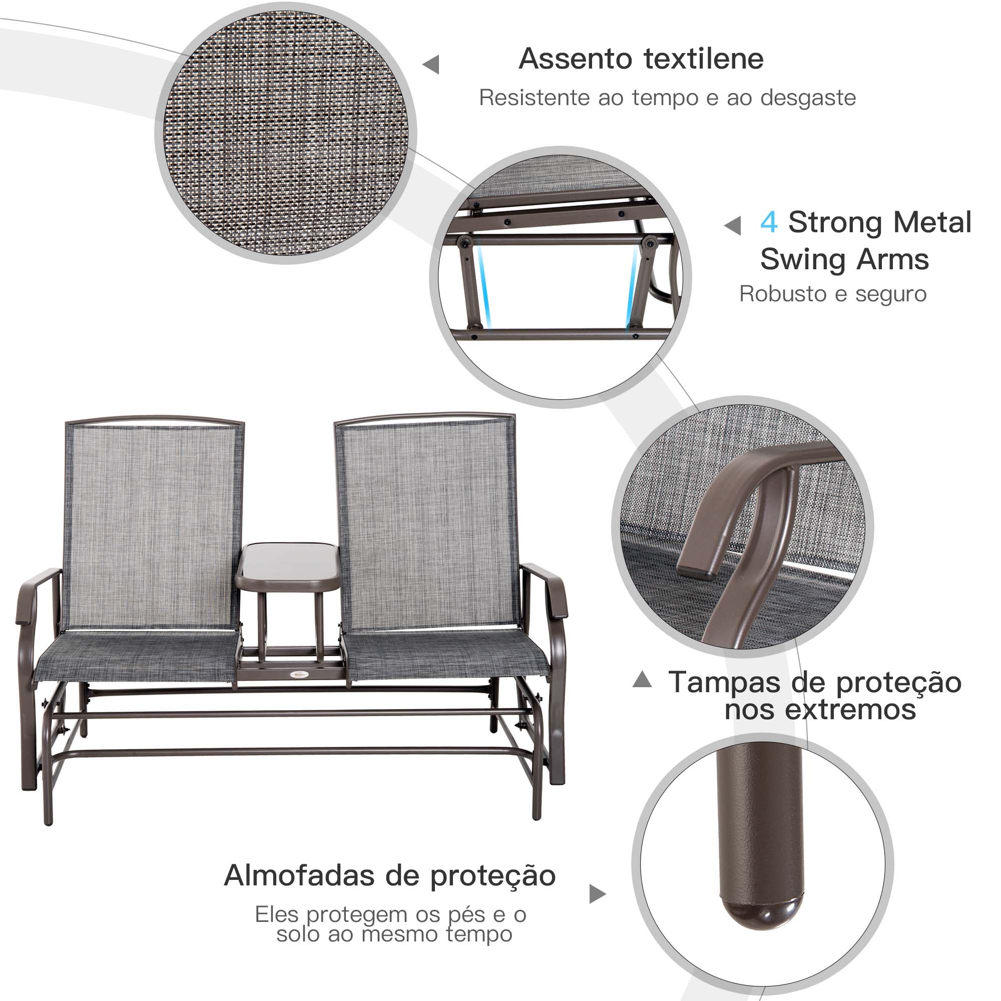 Banco Baloiço de 2 Lugares Inclinável em Tecido Metal 148x81x100cm Marrom e Cinza