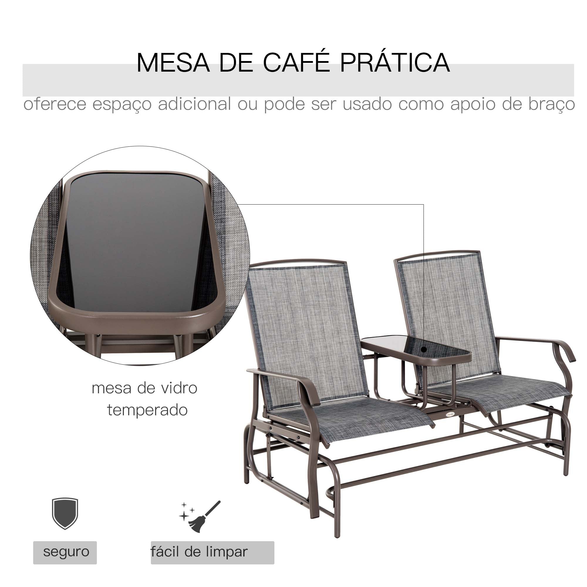 Banco Baloiço de 2 Lugares Inclinável em Tecido Metal 148x81x100cm Marrom e Cinza