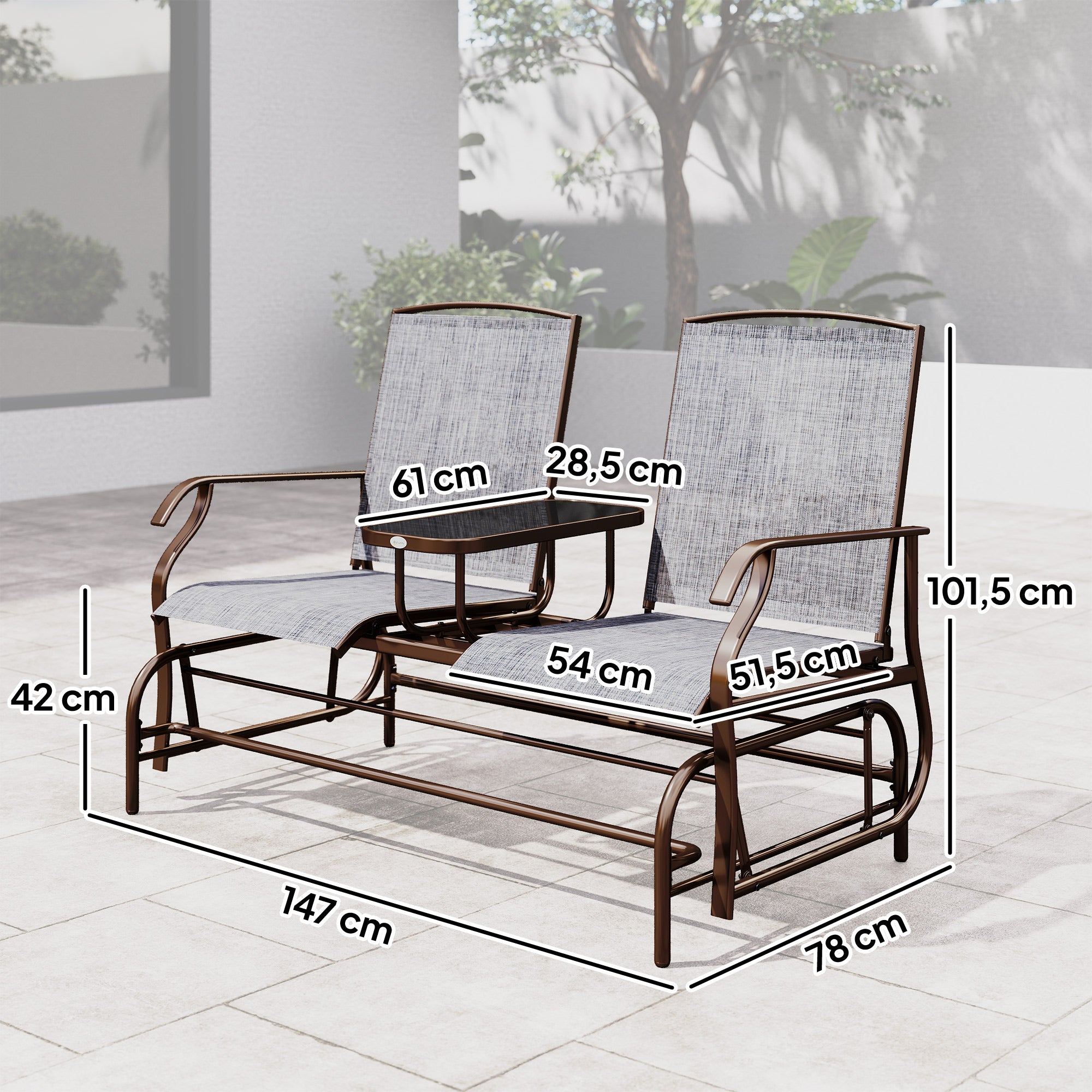 Banco Baloiço de 2 Lugares Inclinável em Tecido Metal 148x81x100cm Marrom e Cinza
