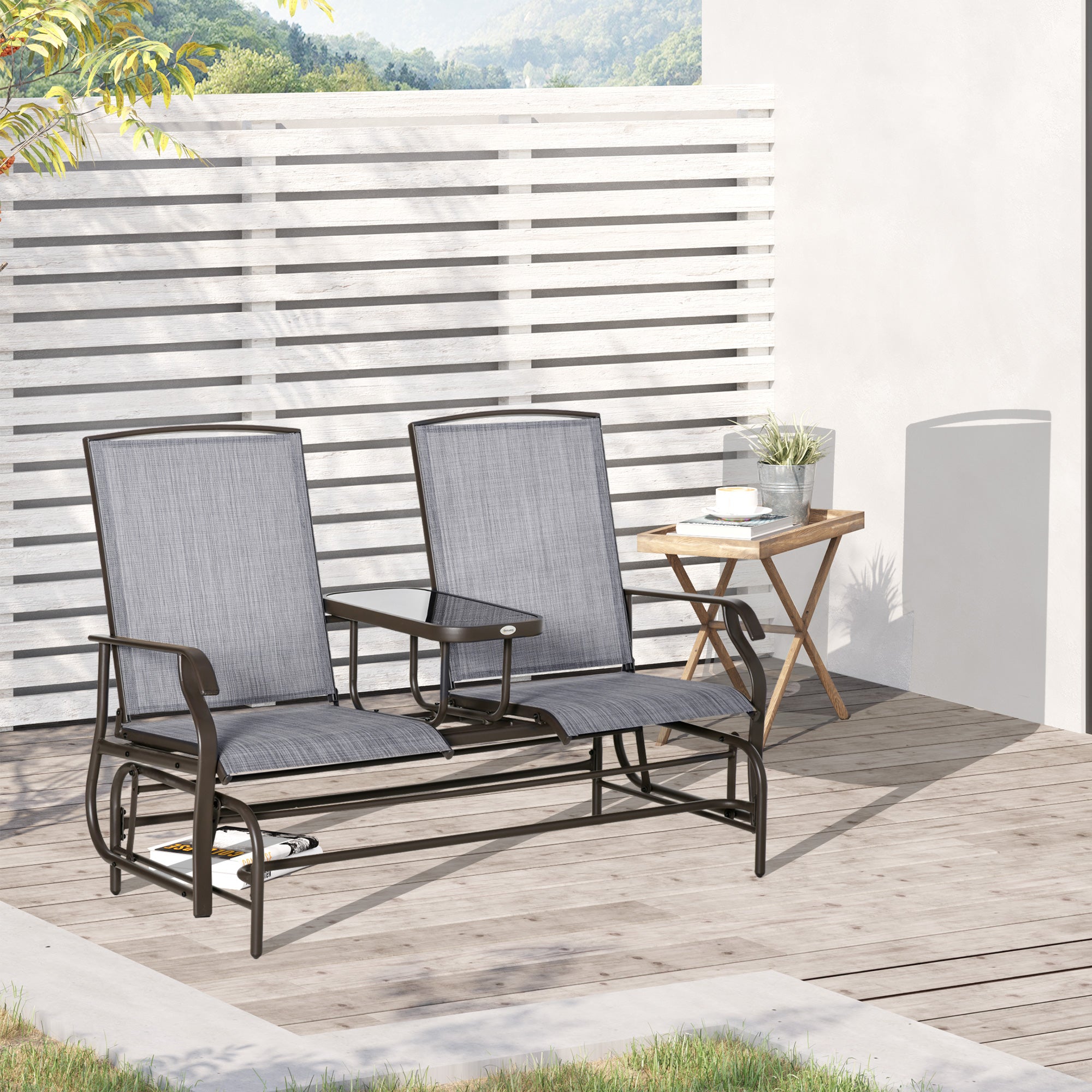 Banco Baloiço de 2 Lugares Inclinável em Tecido Metal 148x81x100cm Marrom e Cinza