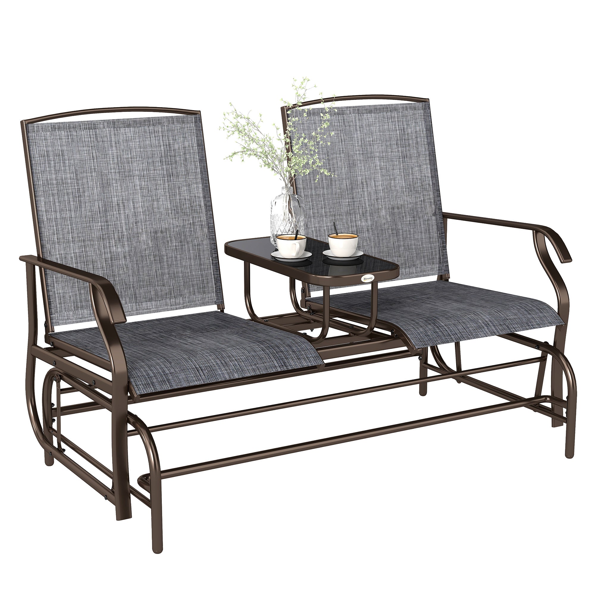 Banco Baloiço de 2 Lugares Inclinável em Tecido Metal 148x81x100cm Marrom e Cinza