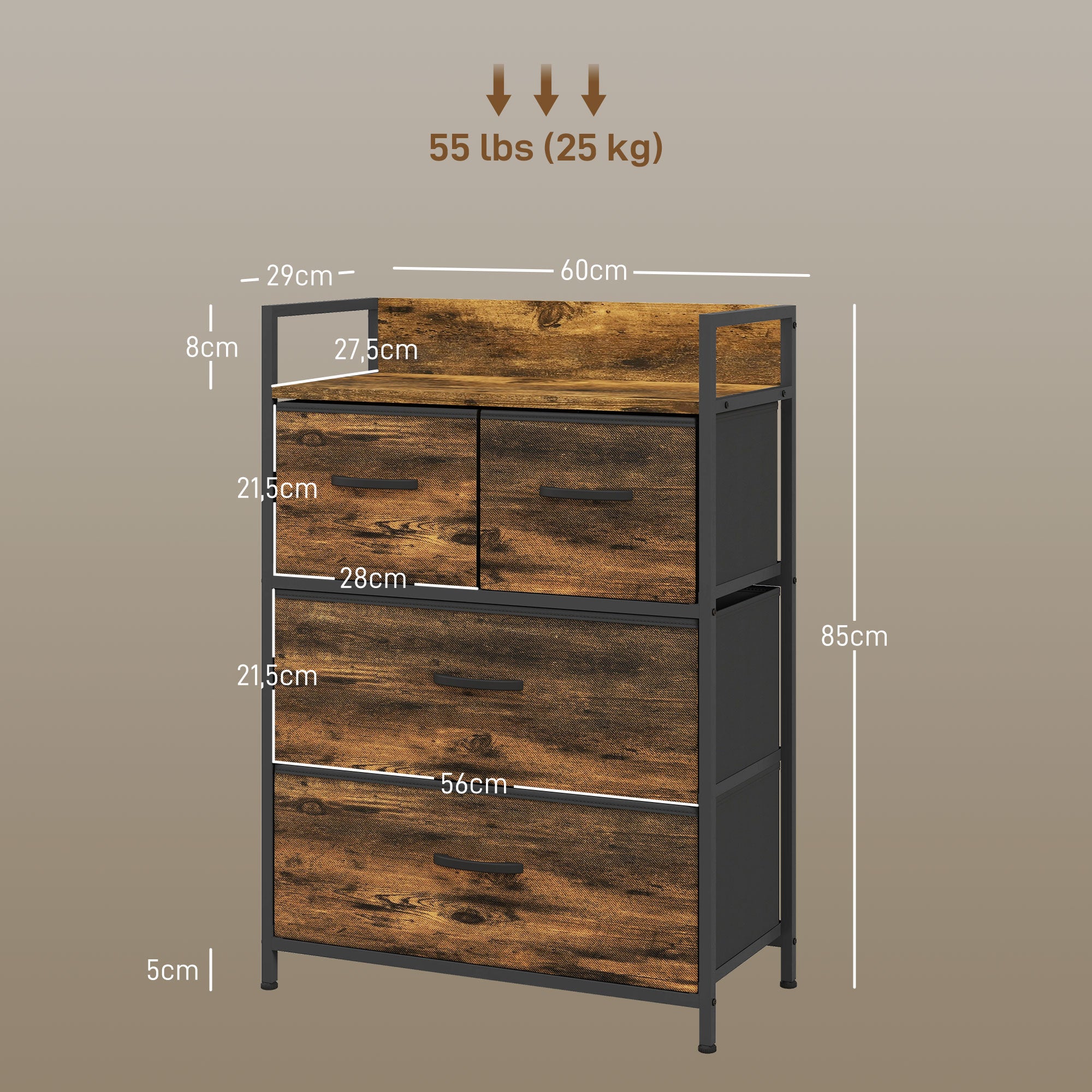 Cómoda de Quarto com 4 Gavetas Dobráveis 60x29x85 cm - Castanho Rústico