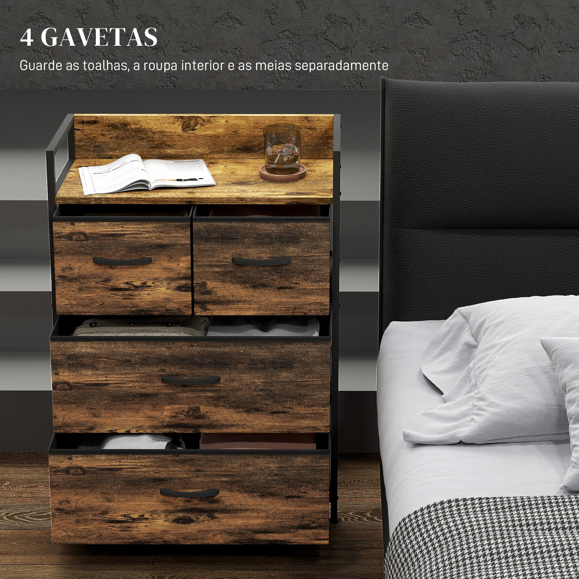 Cómoda de Quarto com 4 Gavetas Dobráveis 60x29x85 cm - Castanho Rústico