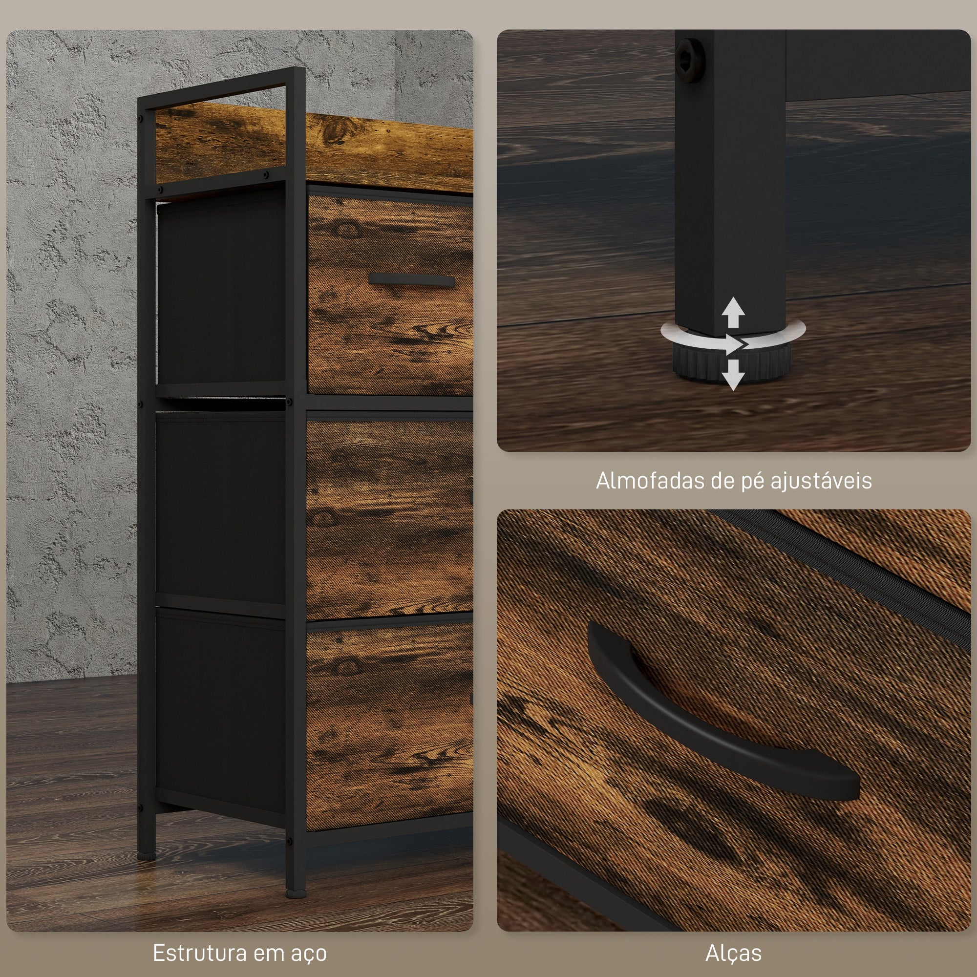 Cómoda de Quarto com 4 Gavetas Dobráveis 60x29x85 cm - Castanho Rústico