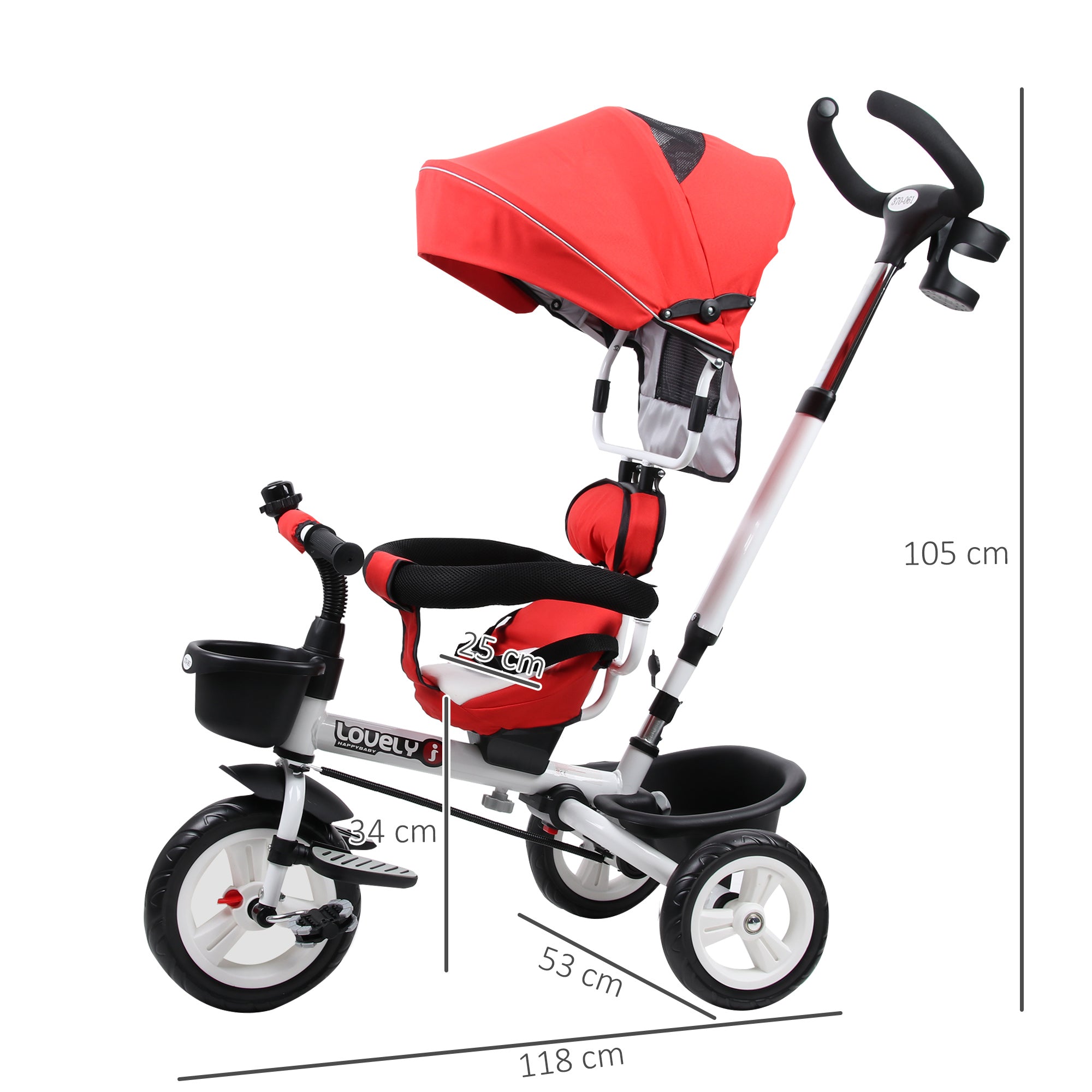Triciclo 4 em 1 Vermelho 118x53x105 cm para Crianças +18 Meses