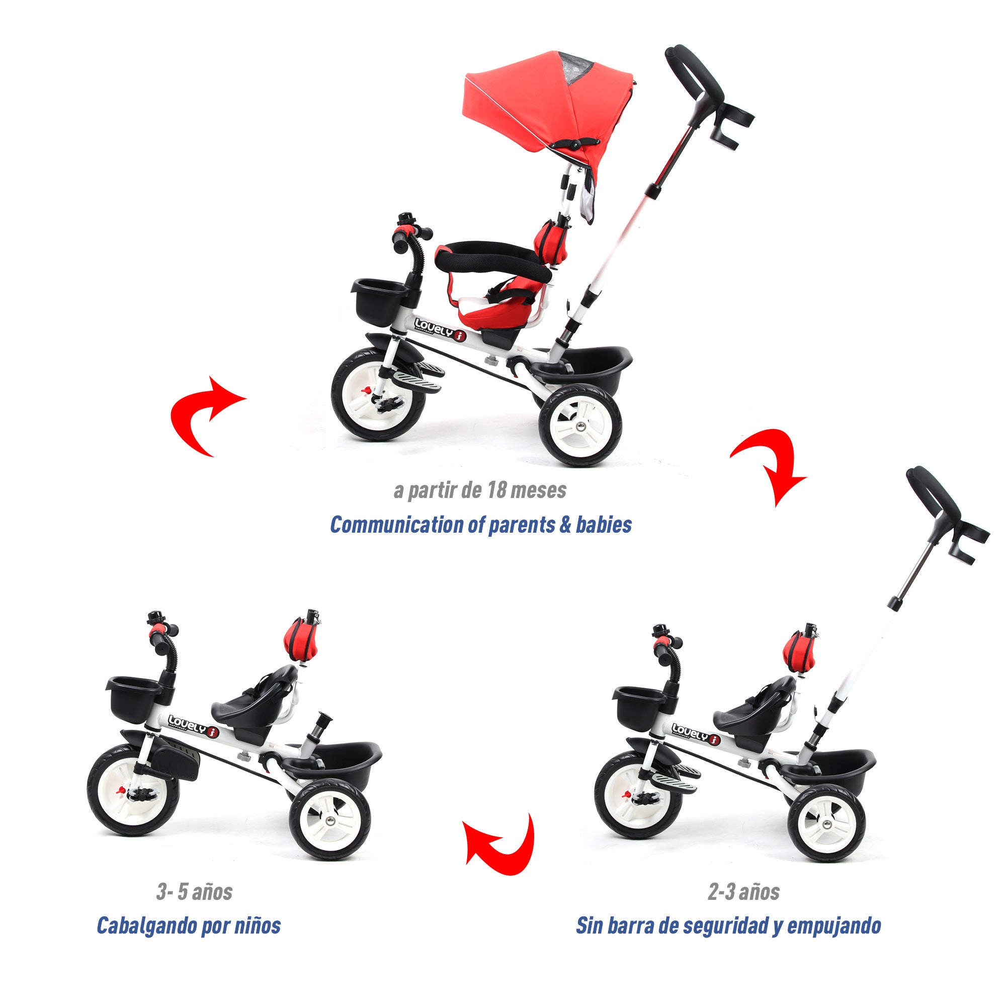 Triciclo 4 em 1 Vermelho 118x53x105 cm para Crianças +18 Meses
