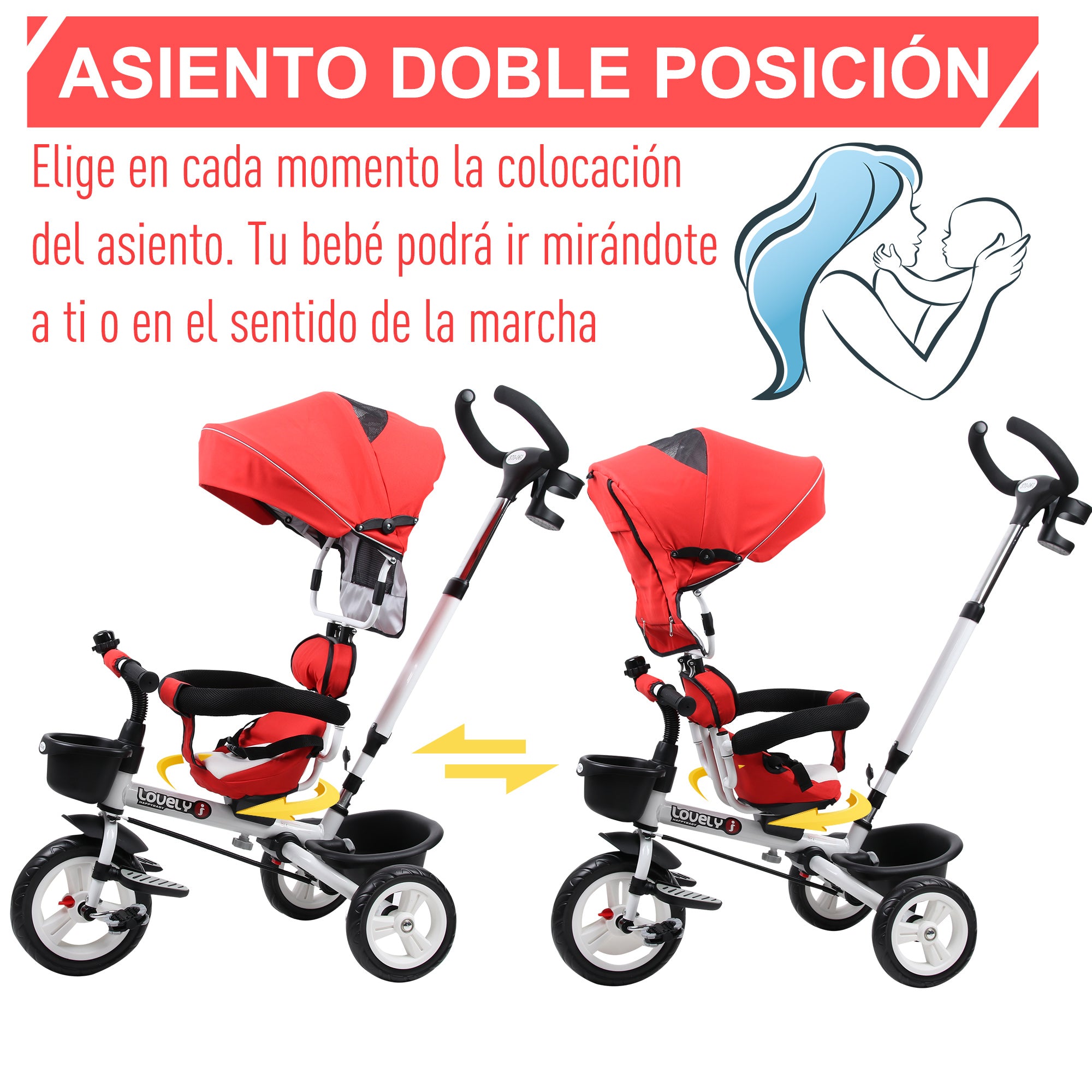 Triciclo 4 em 1 Vermelho 118x53x105 cm para Crianças +18 Meses