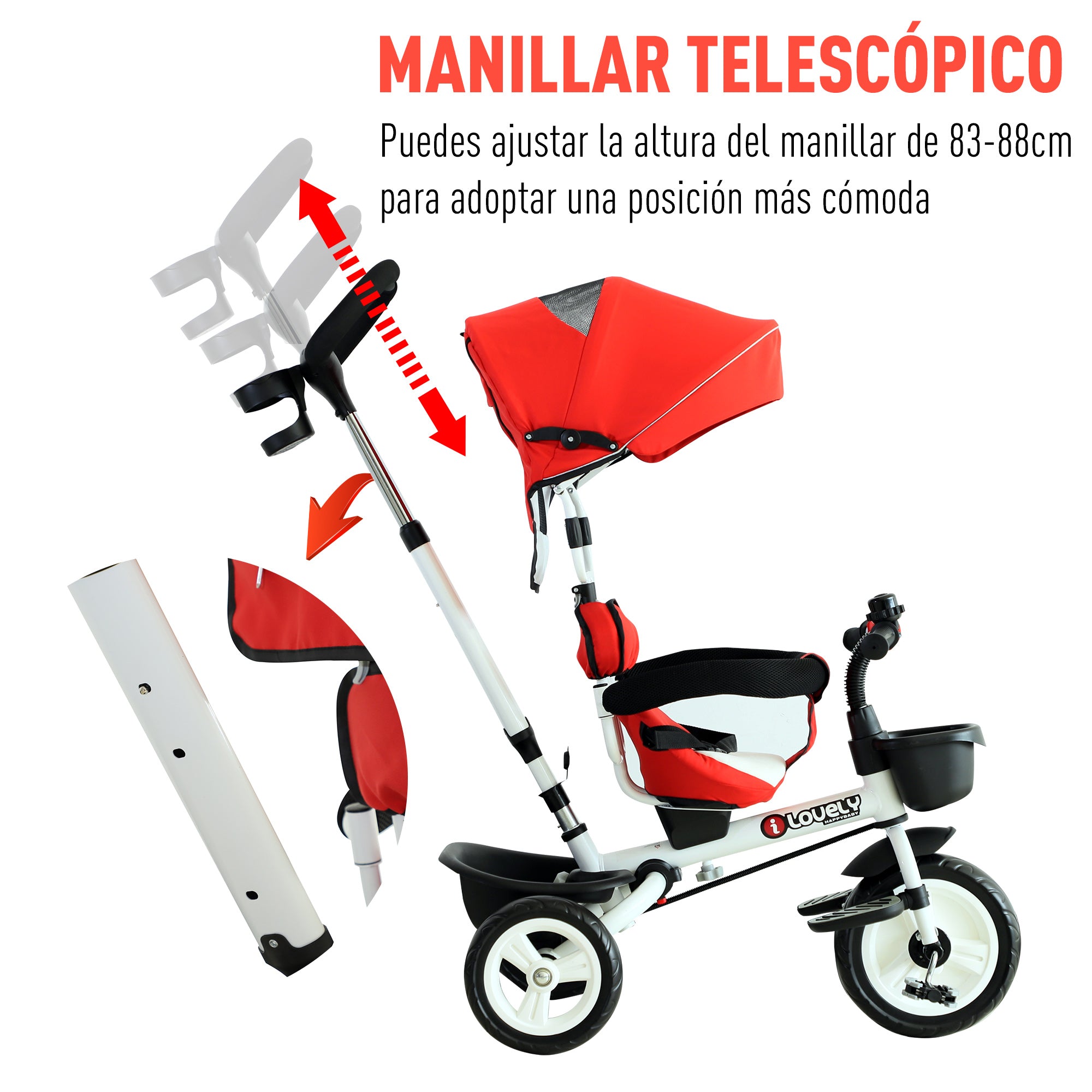 Triciclo 4 em 1 Vermelho 118x53x105 cm para Crianças +18 Meses