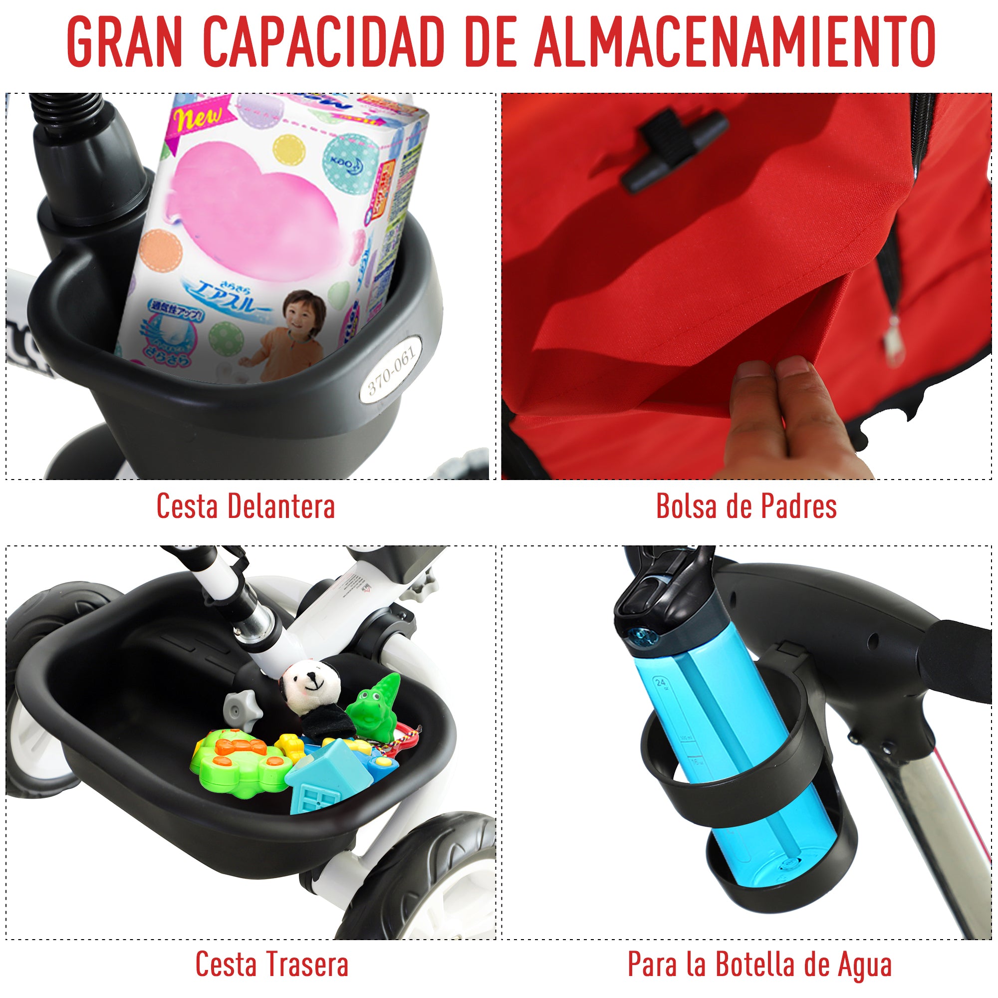 Triciclo 4 em 1 Vermelho 118x53x105 cm para Crianças +18 Meses