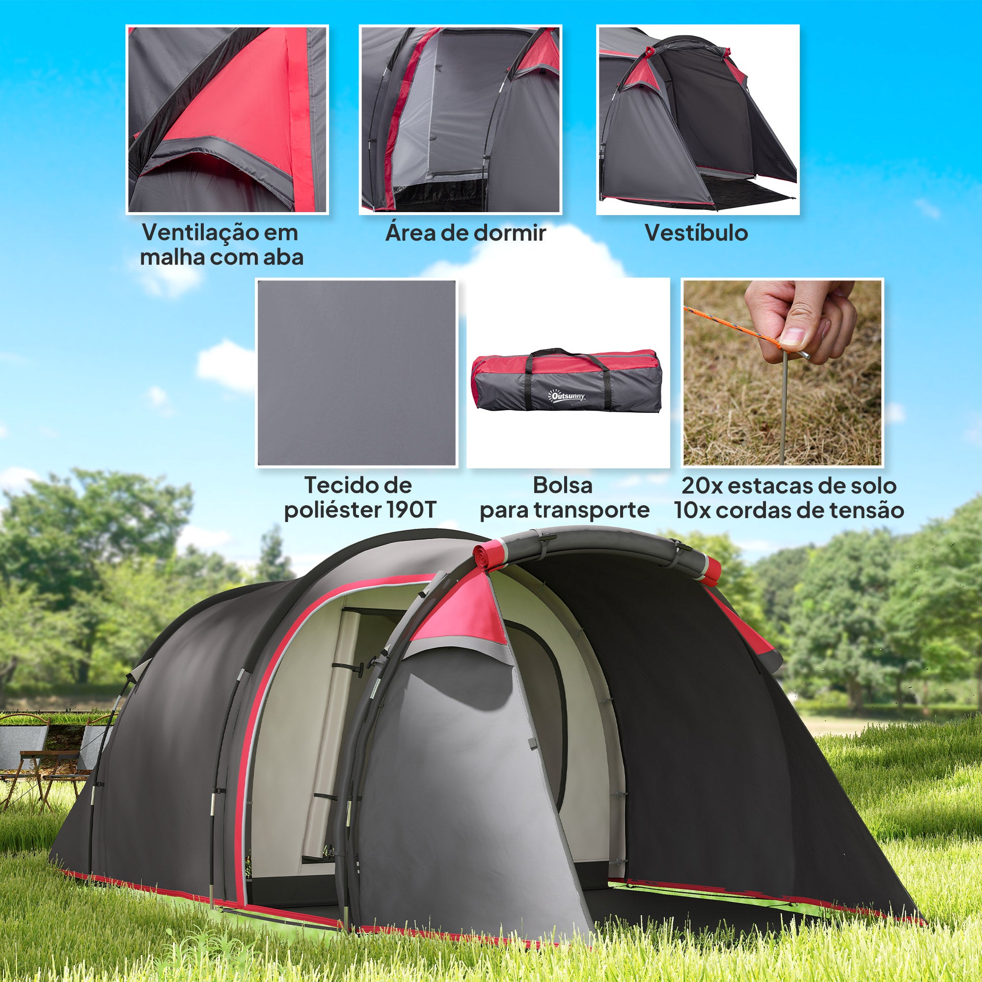 Tenda de Campismo – 426x206x154 cm – Cinza Escuro – Poliéster