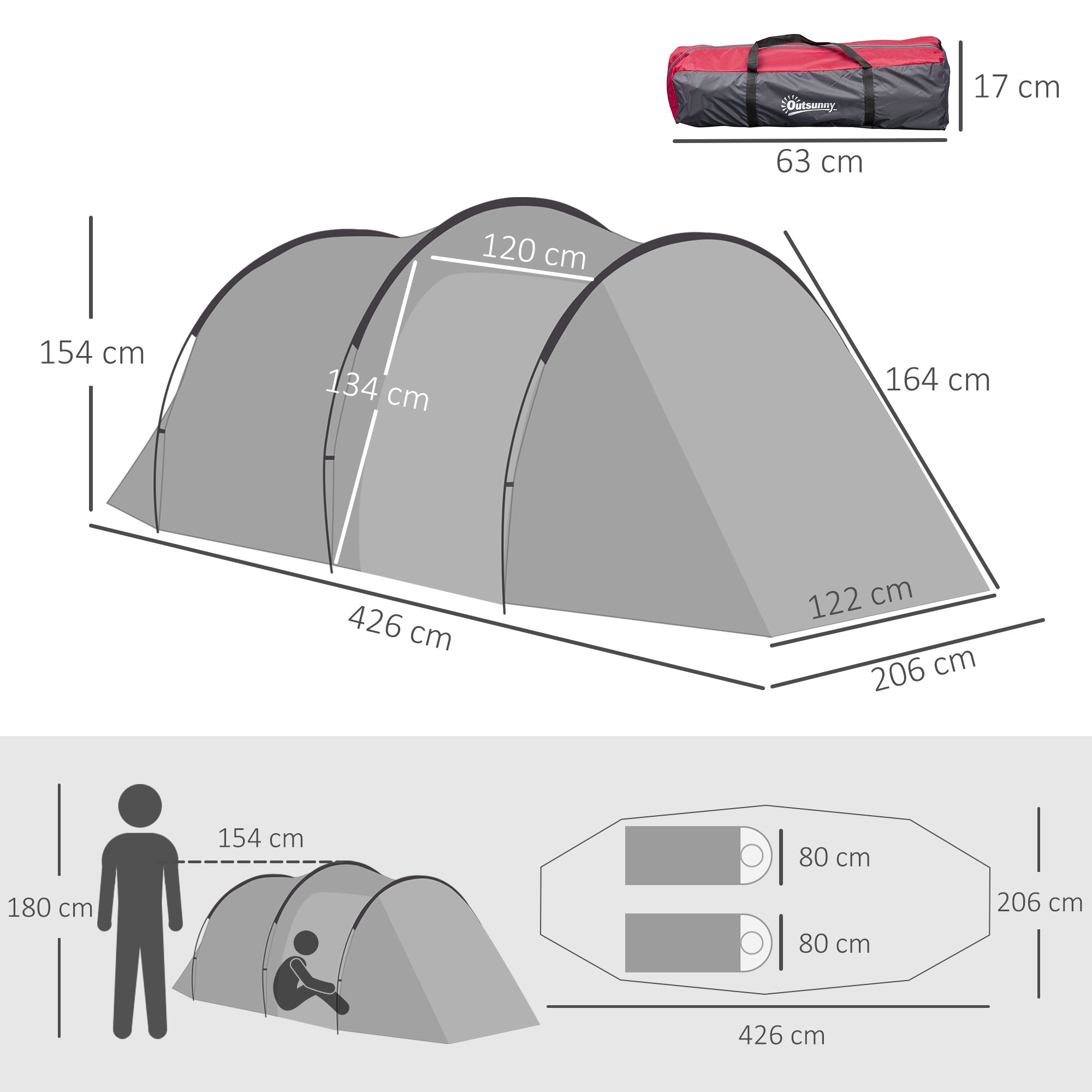Tenda de Campismo – 426x206x154 cm – Cinza Escuro – Poliéster