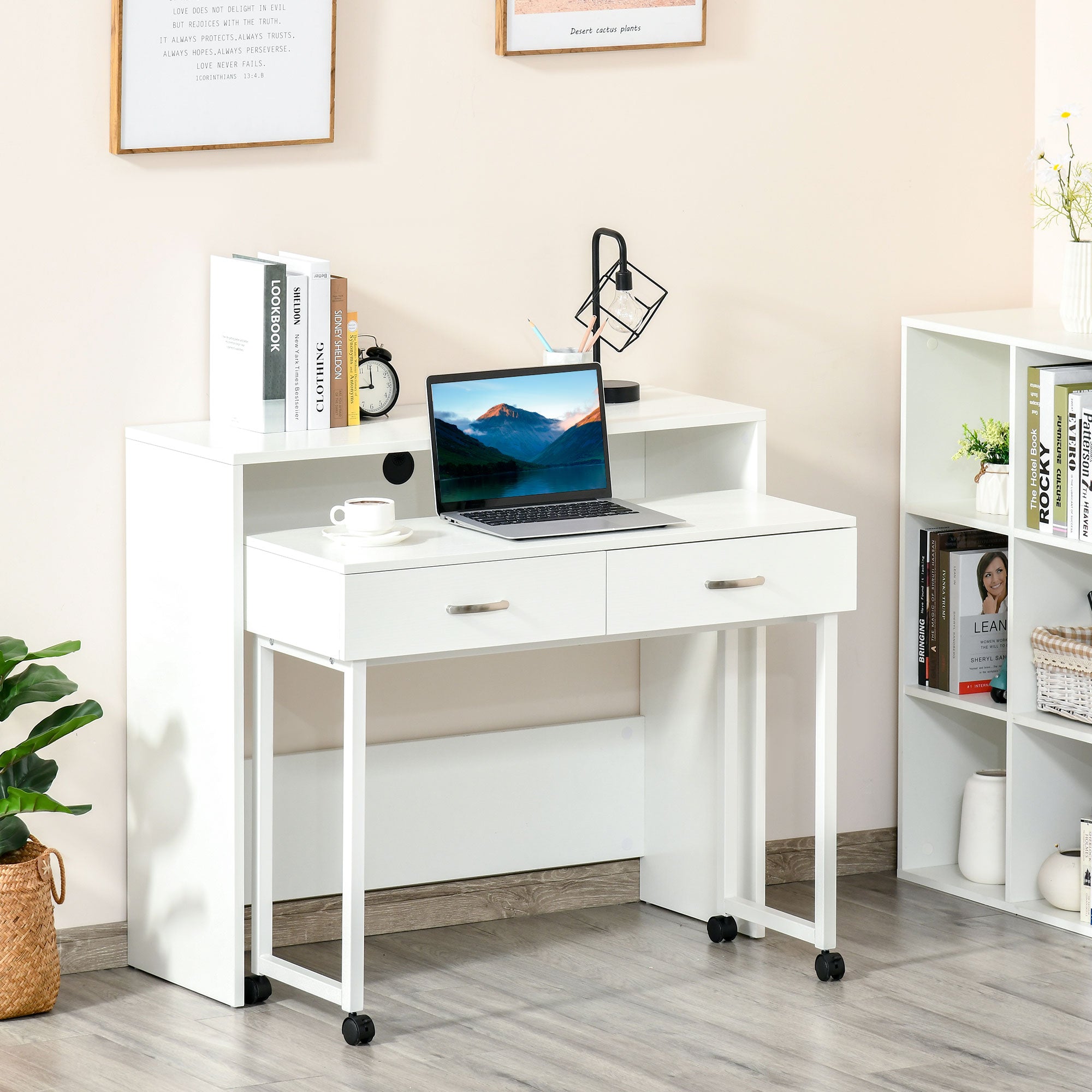 Conjunto de 2 Mesas Escrivaninha com Rodas 100x36x88 cm - Branco