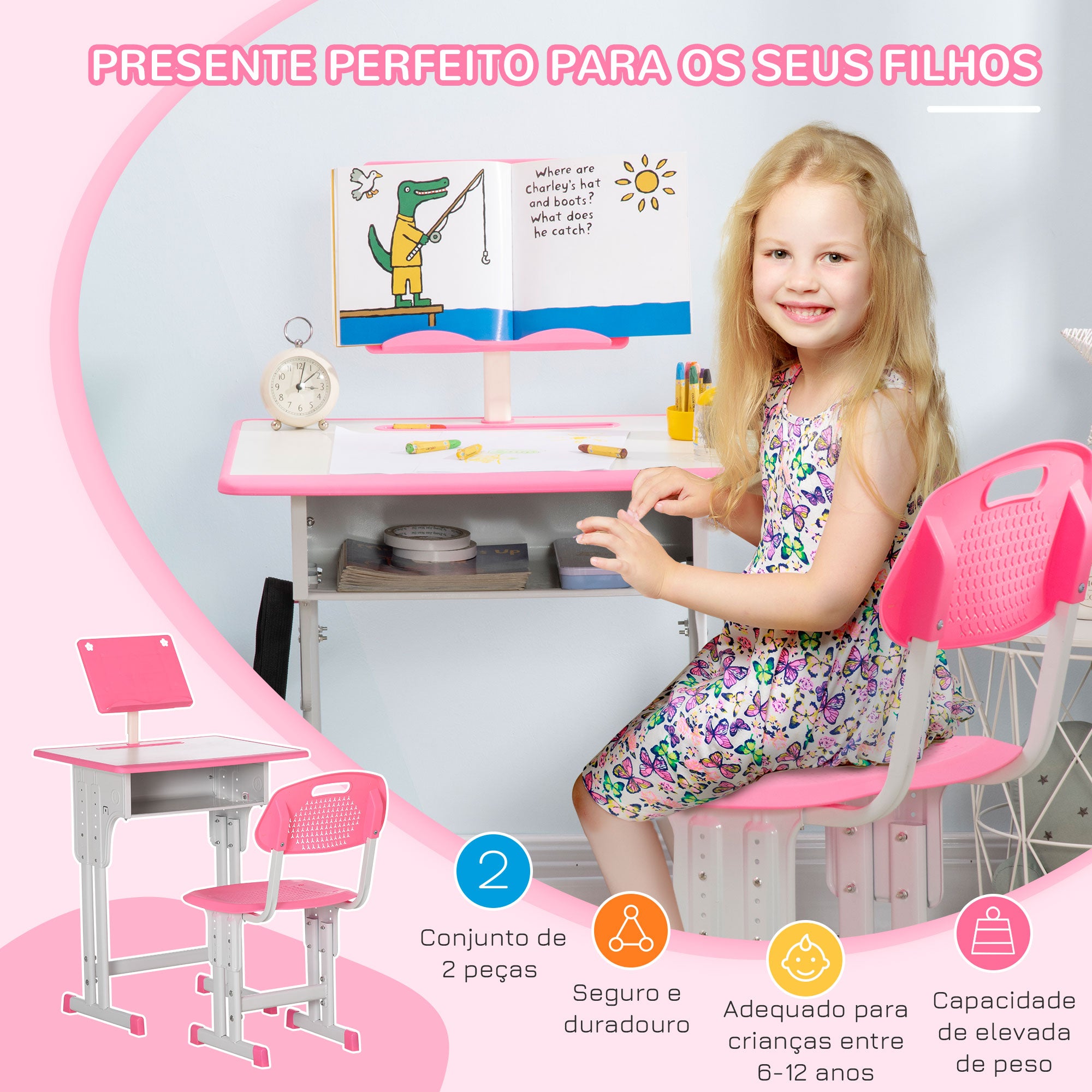Conjunto Secretária e Cadeira para Crianças de 6-12 Anos - Rosa 60x45x90-120 cm