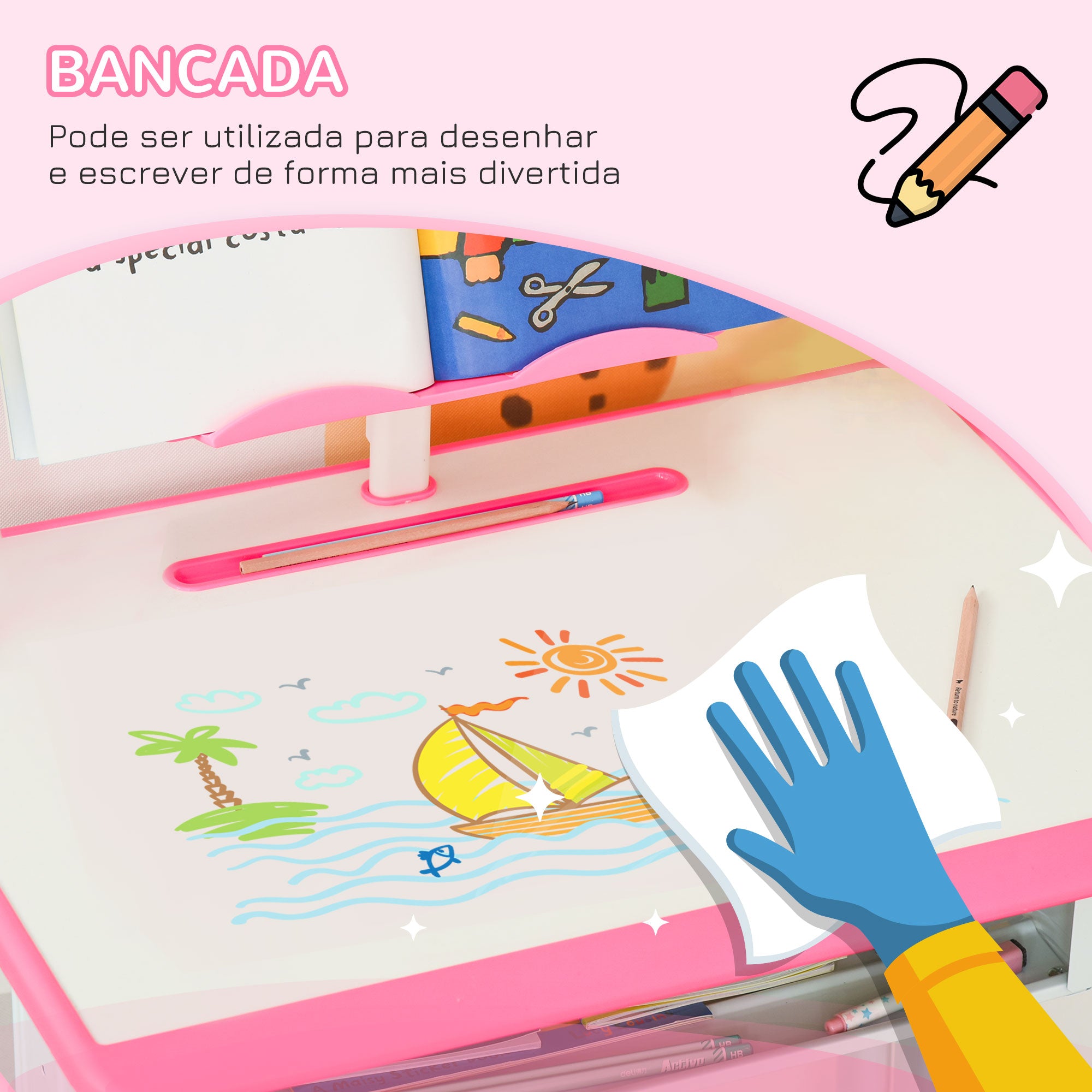 Conjunto Secretária e Cadeira para Crianças de 6-12 Anos - Rosa 60x45x90-120 cm