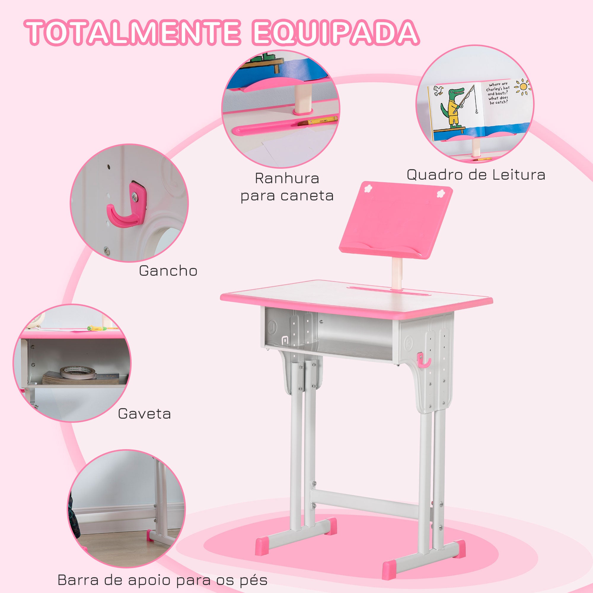 Conjunto Secretária e Cadeira para Crianças de 6-12 Anos - Rosa 60x45x90-120 cm