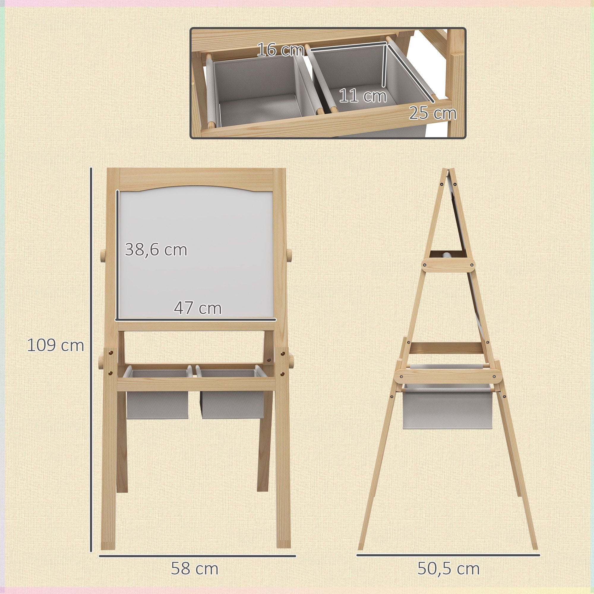 Cavalete para Crianças 3 em 1 - 58x50,5x109 cm - Cor de Madeira Natural