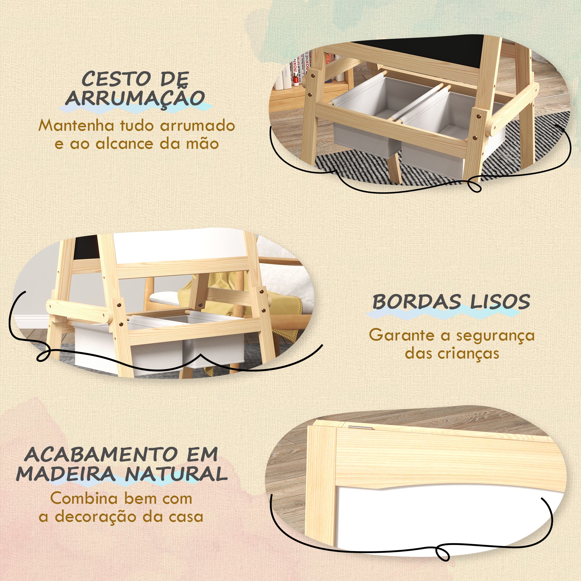 Cavalete para Crianças 3 em 1 - 58x50,5x109 cm - Cor de Madeira Natural