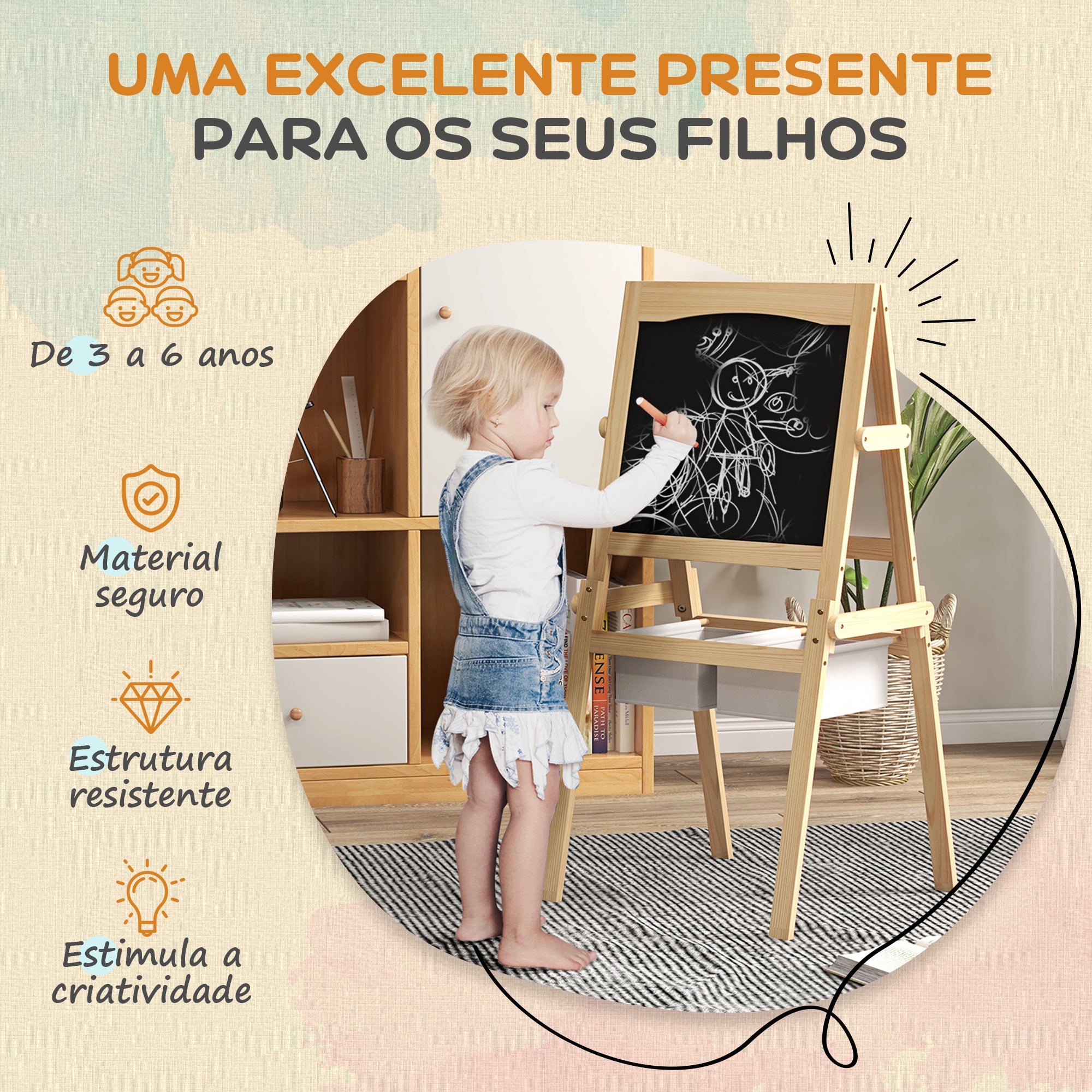 Cavalete para Crianças 3 em 1 - 58x50,5x109 cm - Cor de Madeira Natural
