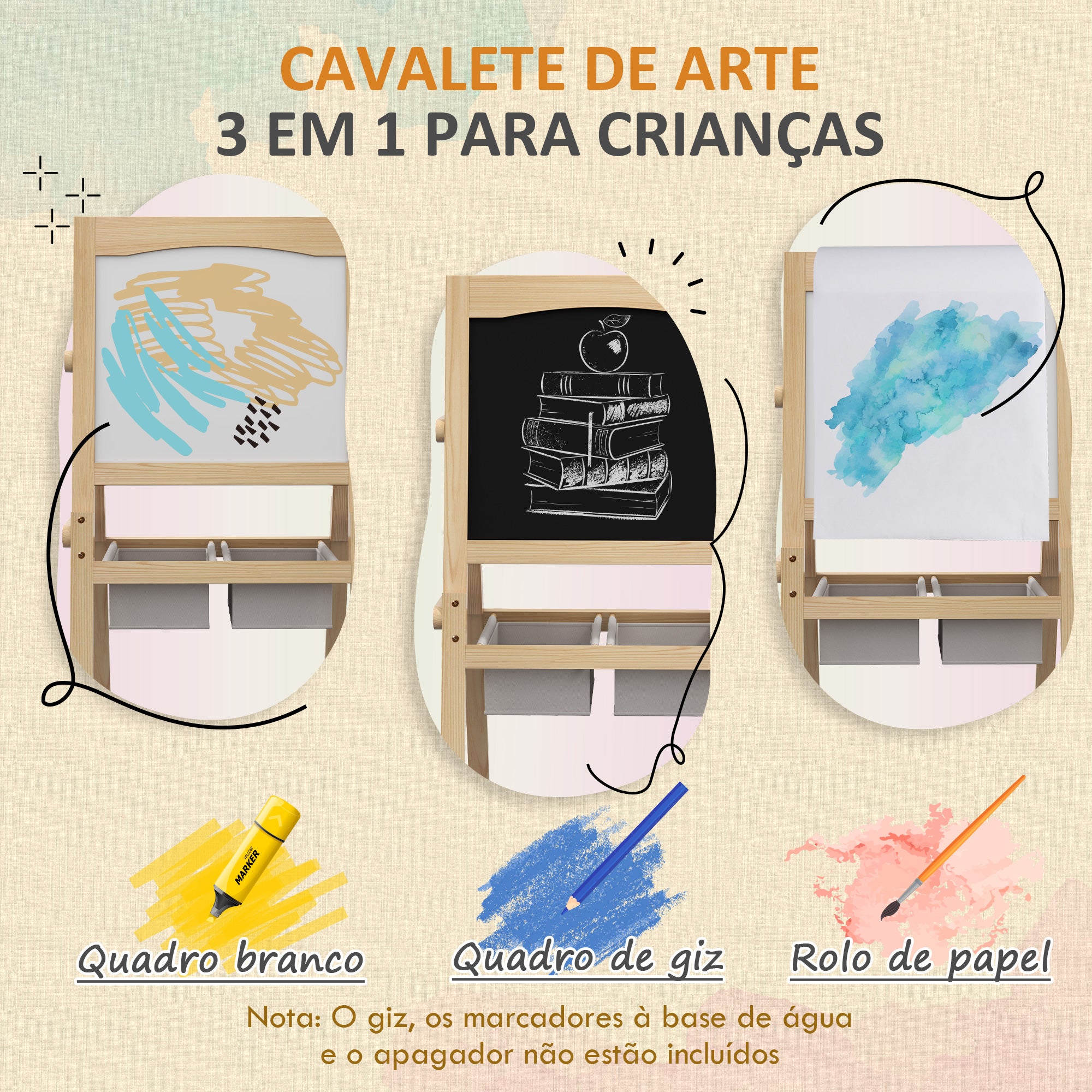 Cavalete para Crianças 3 em 1 - 58x50,5x109 cm - Cor de Madeira Natural