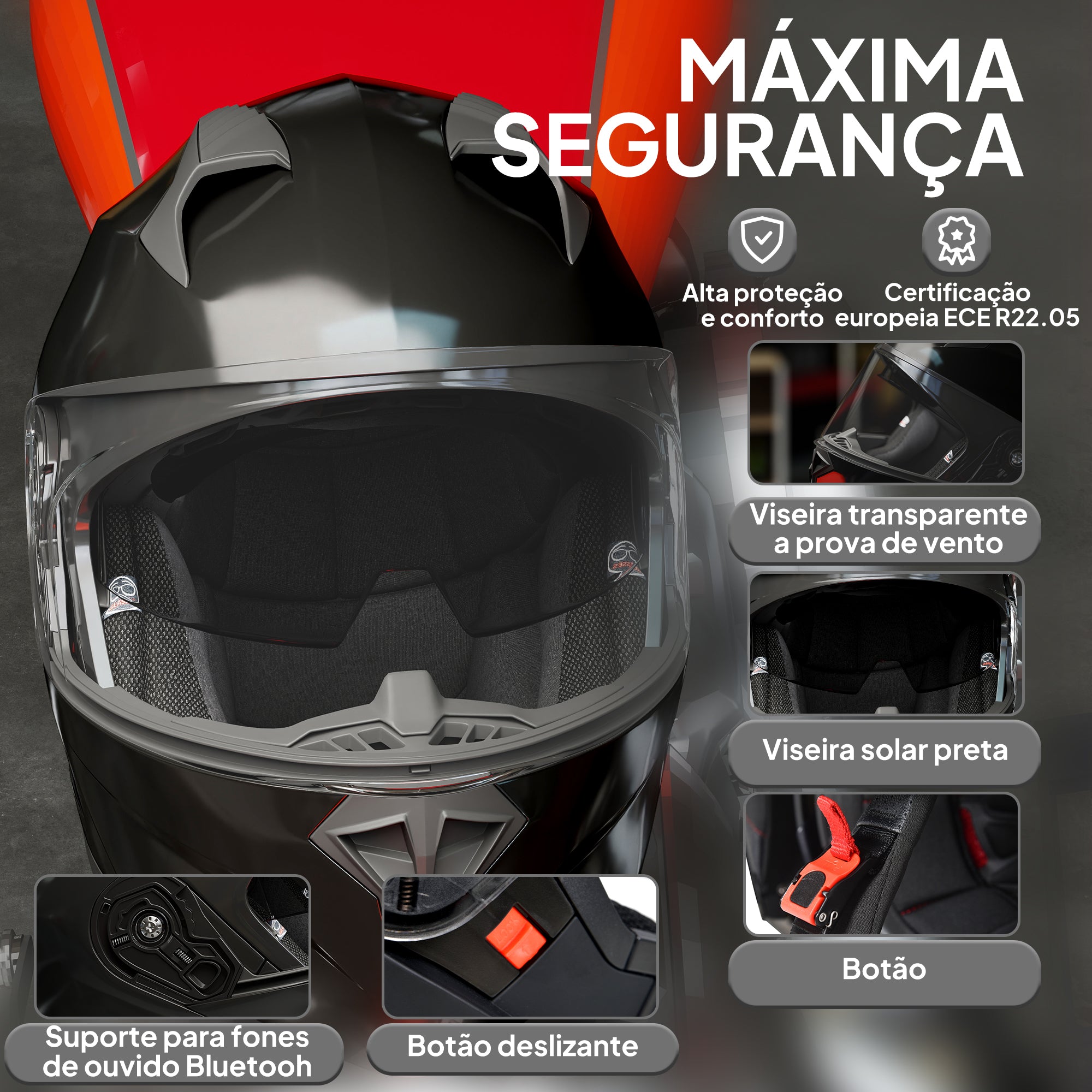 Capacete de Moto Integral Tamanho XL Preto - 36,5x27,5x28,5cm