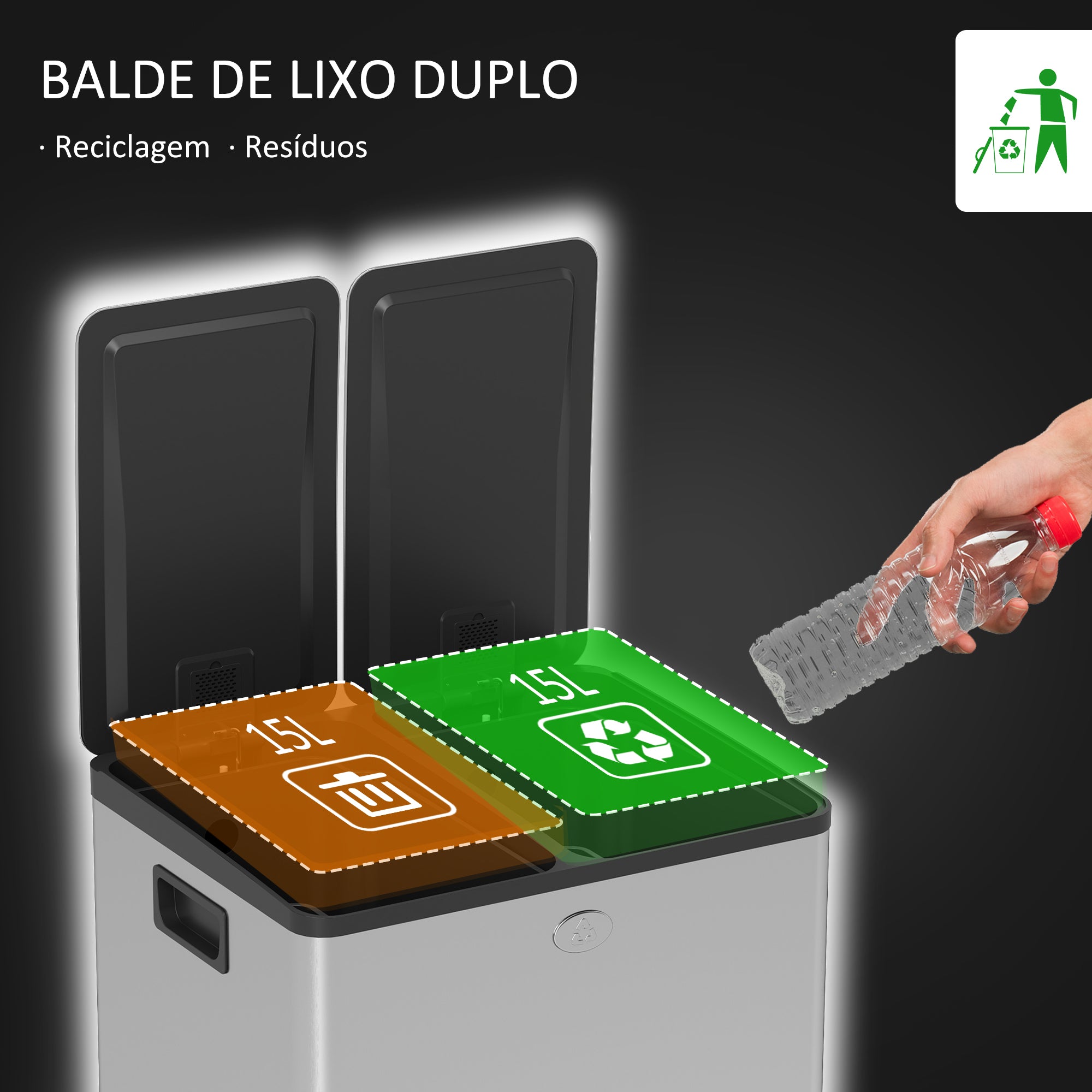 Balde de Lixo de Cozinha 2x15L – Prata – Aço Inoxidável