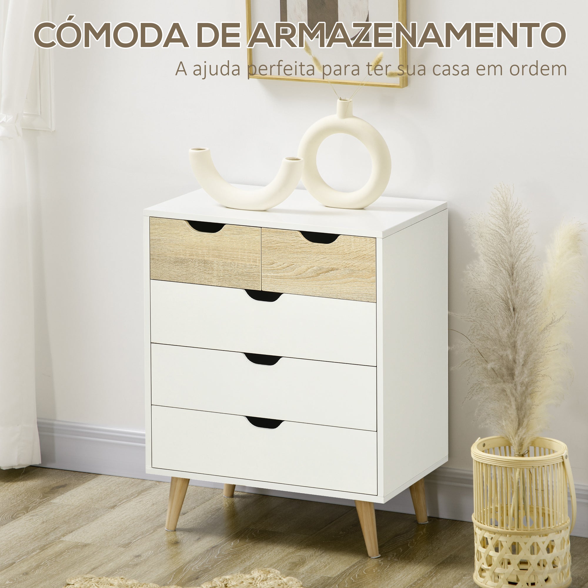 Cómoda Moderna com 5 Gavetas em Madeira e Branco 60x40x77,5cm