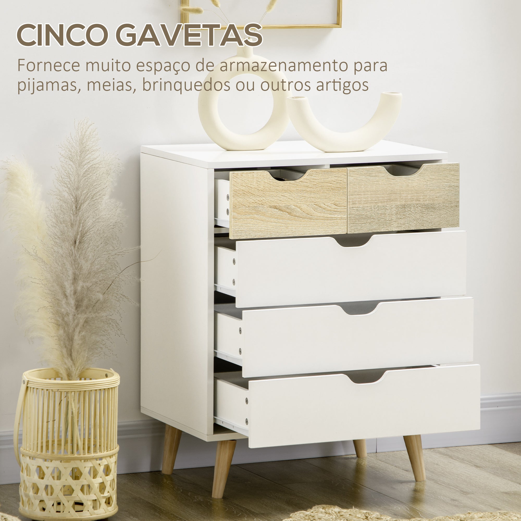 Cómoda Moderna com 5 Gavetas em Madeira e Branco 60x40x77,5cm
