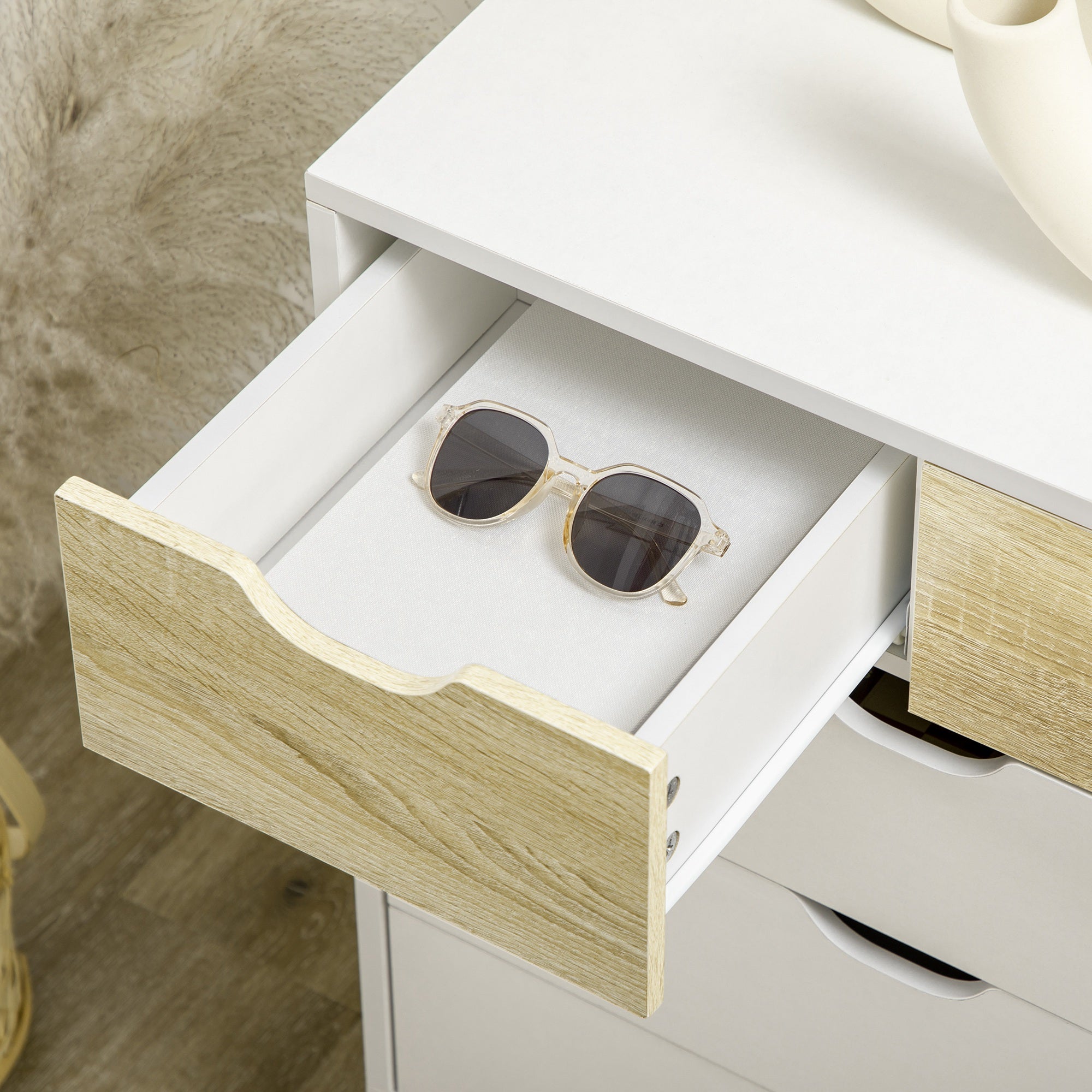 Cómoda Moderna com 5 Gavetas em Madeira e Branco 60x40x77,5cm