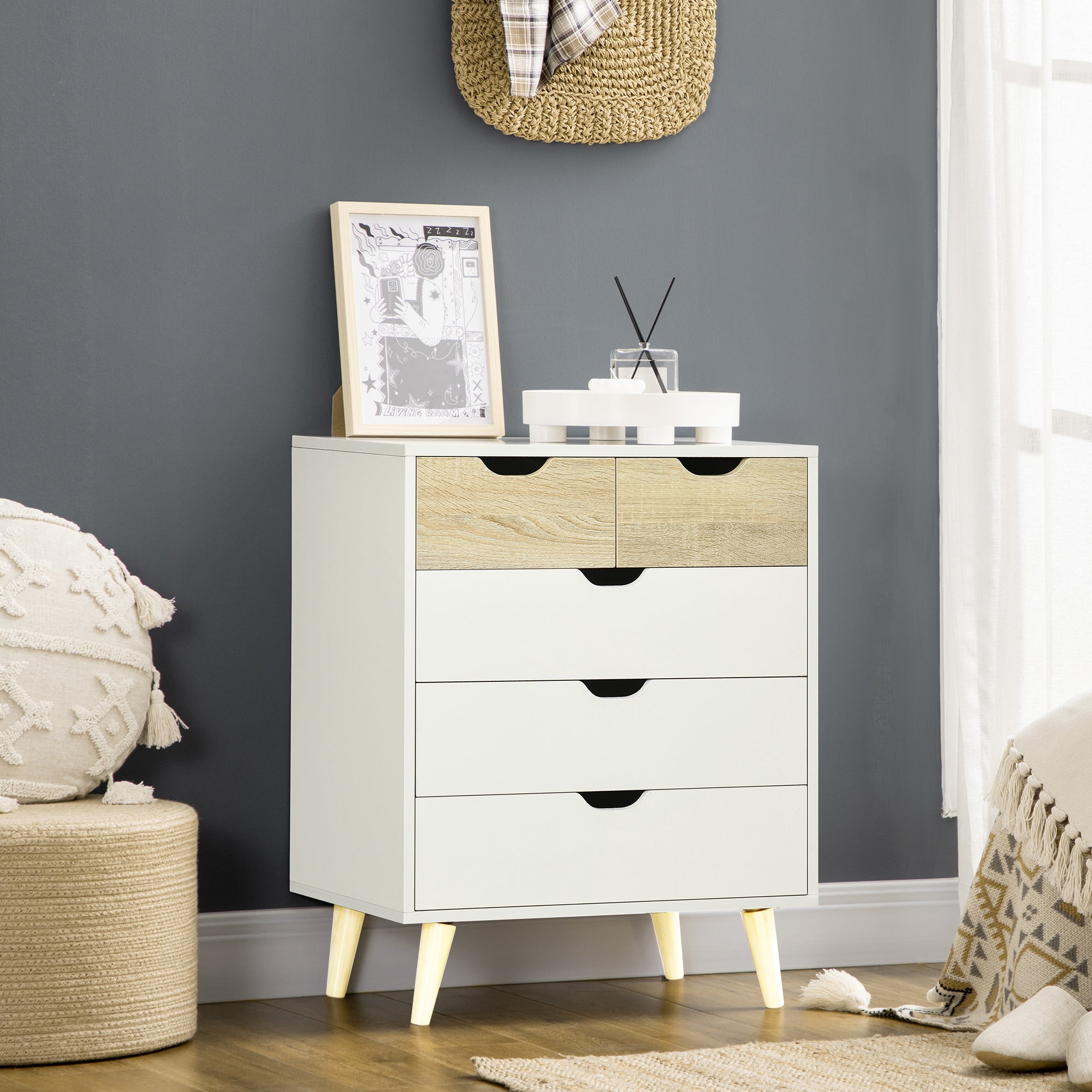 Cómoda Moderna com 5 Gavetas em Madeira e Branco 60x40x77,5cm