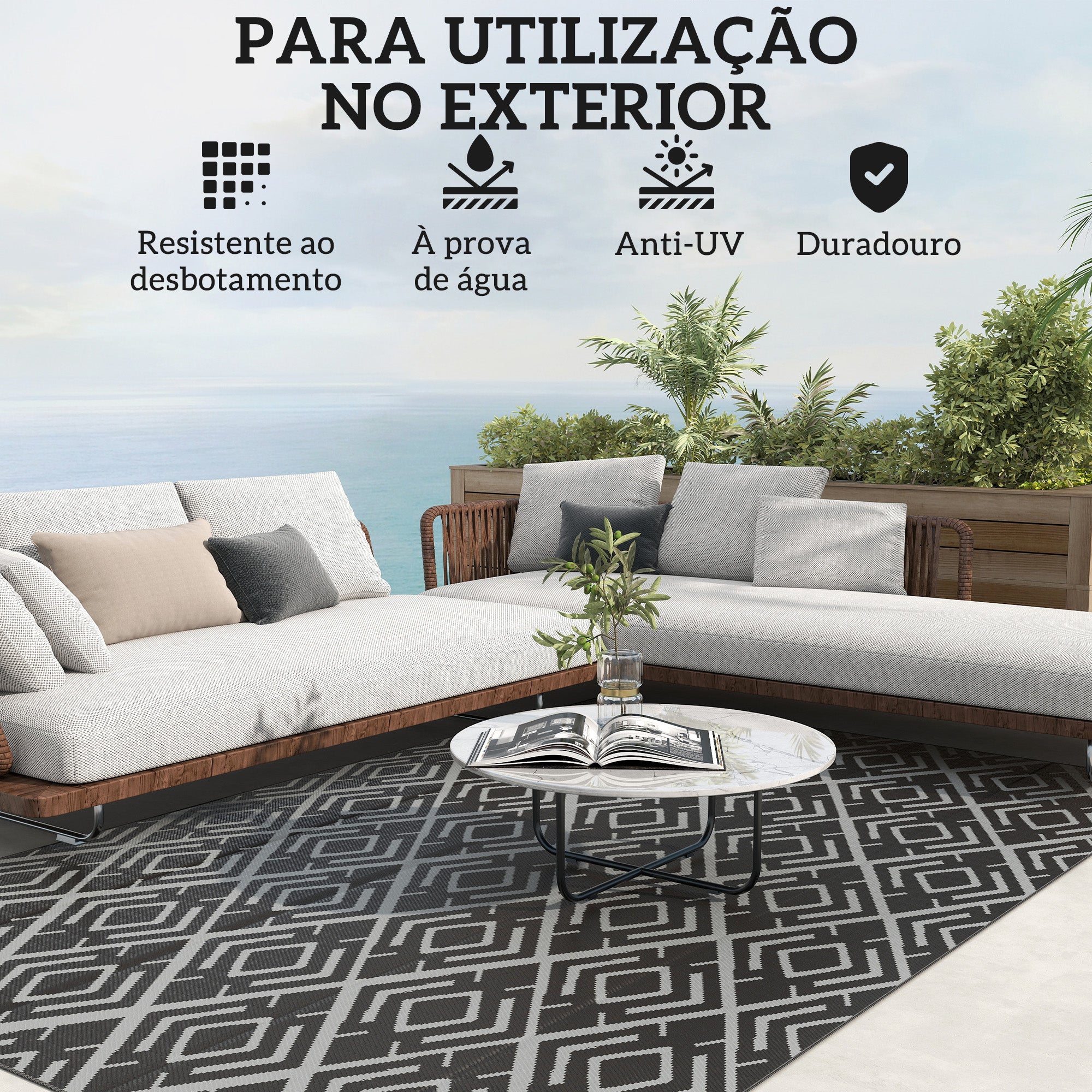 Tapete de Exterior Reversível – 182x274 cm – Preto e Cinzento – Polipropileno