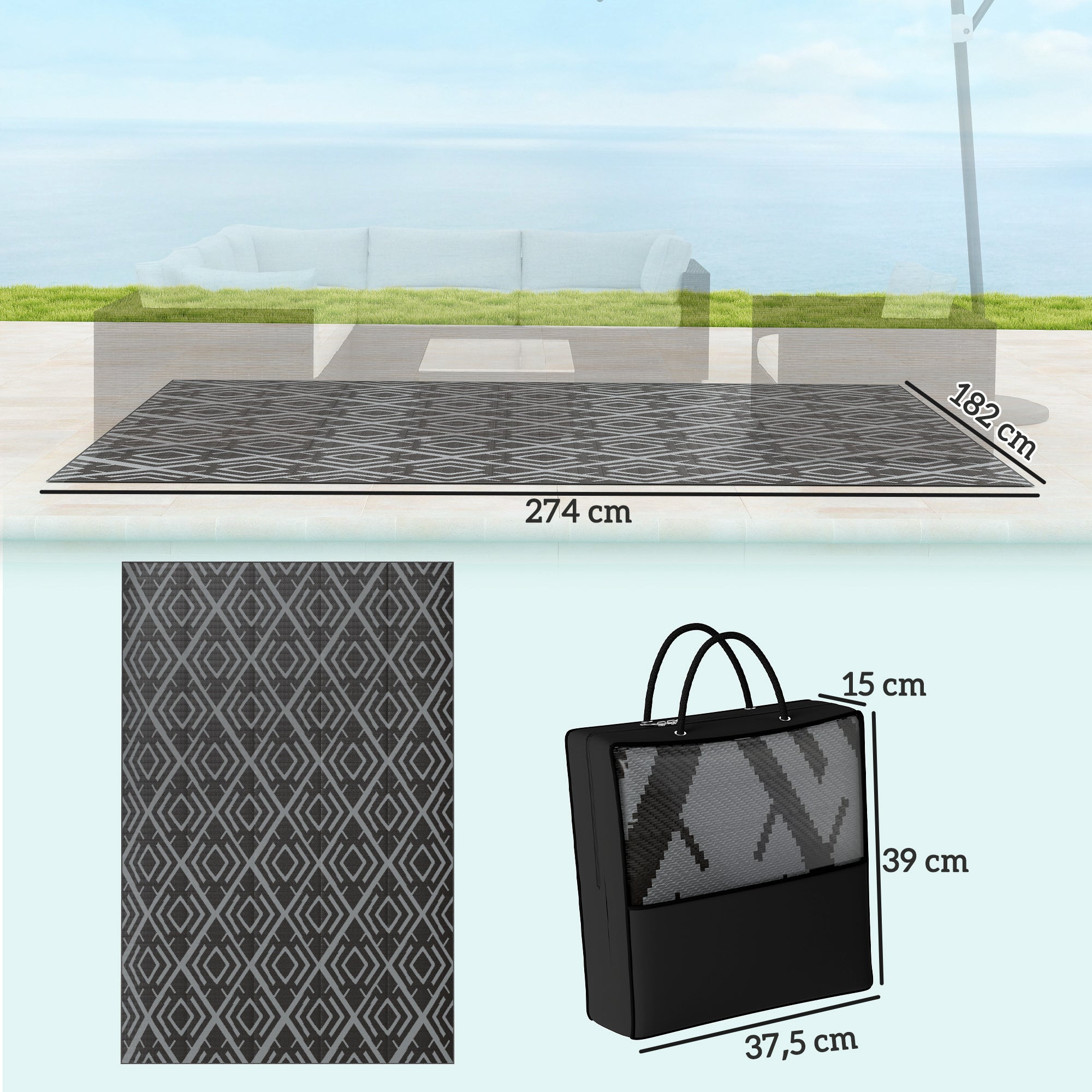 Tapete de Exterior Reversível – 182x274 cm – Preto e Cinzento – Polipropileno