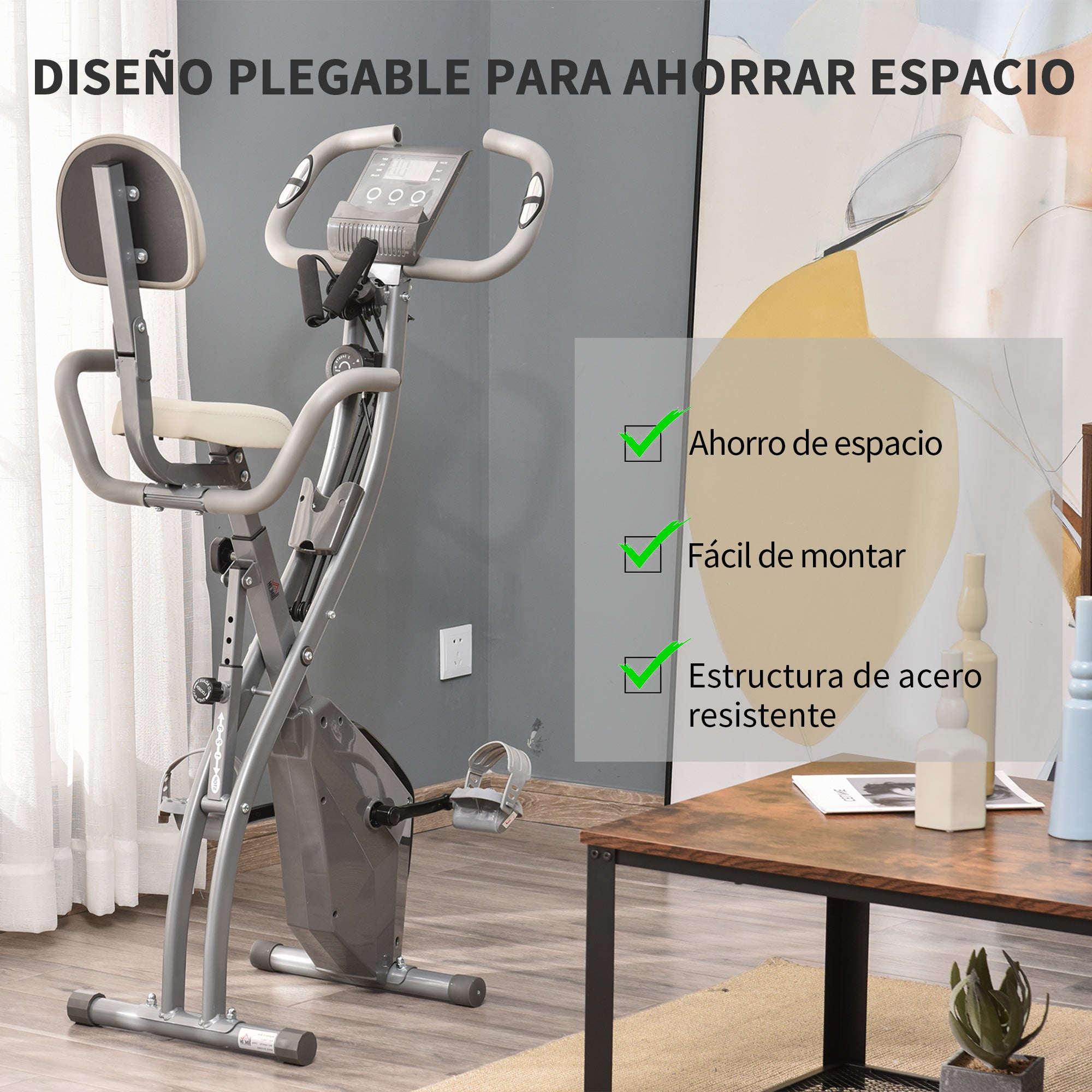 Bicicleta Estática Dobrável Cinzenta 51x97x115cm com Resistência Ajustável e Tela LCD