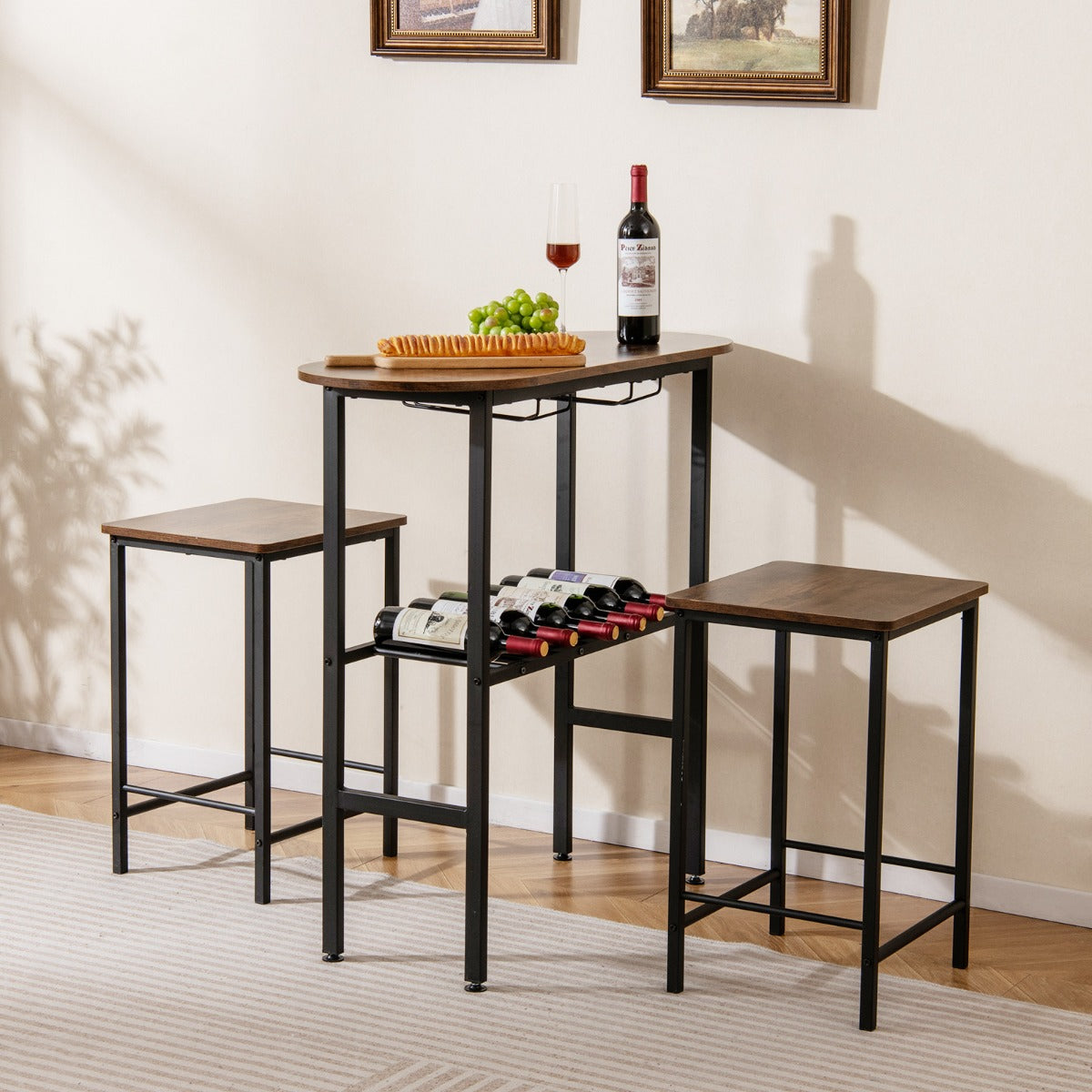 Conjunto de Mesa de Bar e 2 Bancos de Bar, Estante Aberta para Vinhos 2 Suportes para Copos para Sala de Estar Cozinha Castanho e Preto