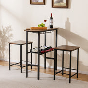 Conjunto de Mesa de Bar e 2 Bancos de Bar, Estante Aberta para Vinhos 2 Suportes para Copos para Sala de Estar Cozinha Castanho e Preto
