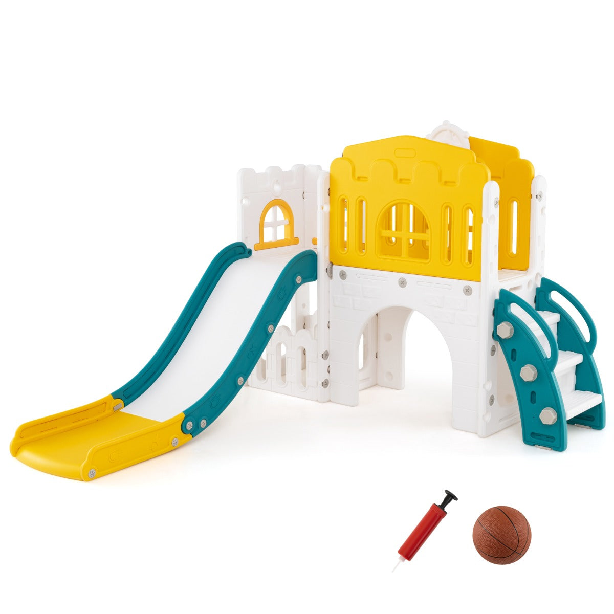 Parque Infantil 9 em 1 com Cesto de Basquetebol, Telescópio, Volante, Passagem, Túnel para Crianças com 1 Ano ou Mais 176 x 138 x 80 cm Amarelo