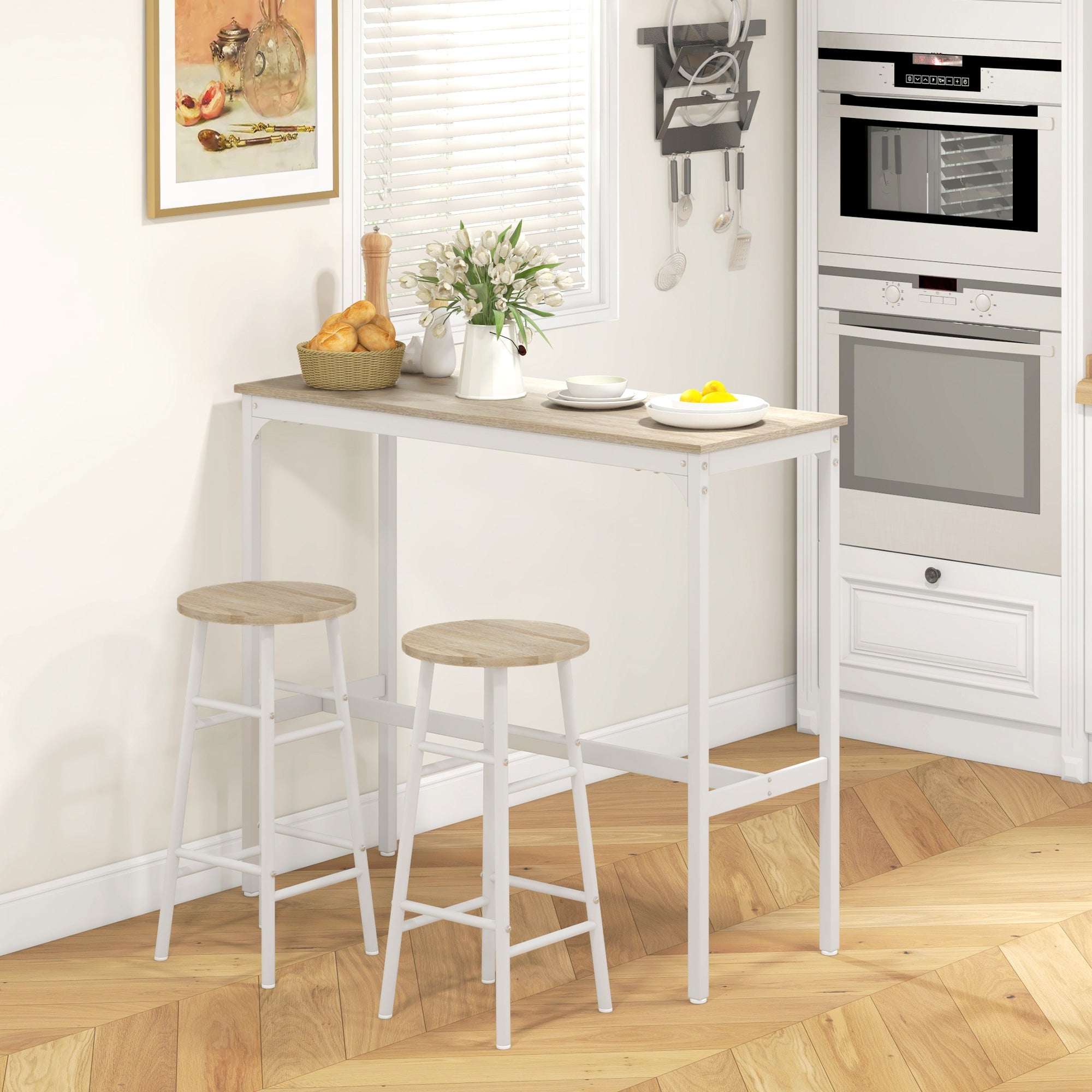 Conjunto de Mesa Alta de Bar com 2 Bancos 105x40x90 cm Branco e Madeira