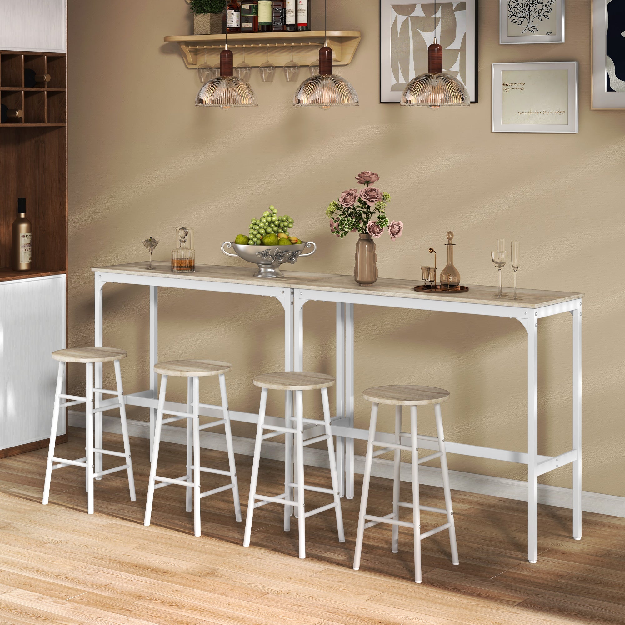 Conjunto de Mesa Alta de Bar com 2 Bancos 105x40x90 cm Branco e Madeira
