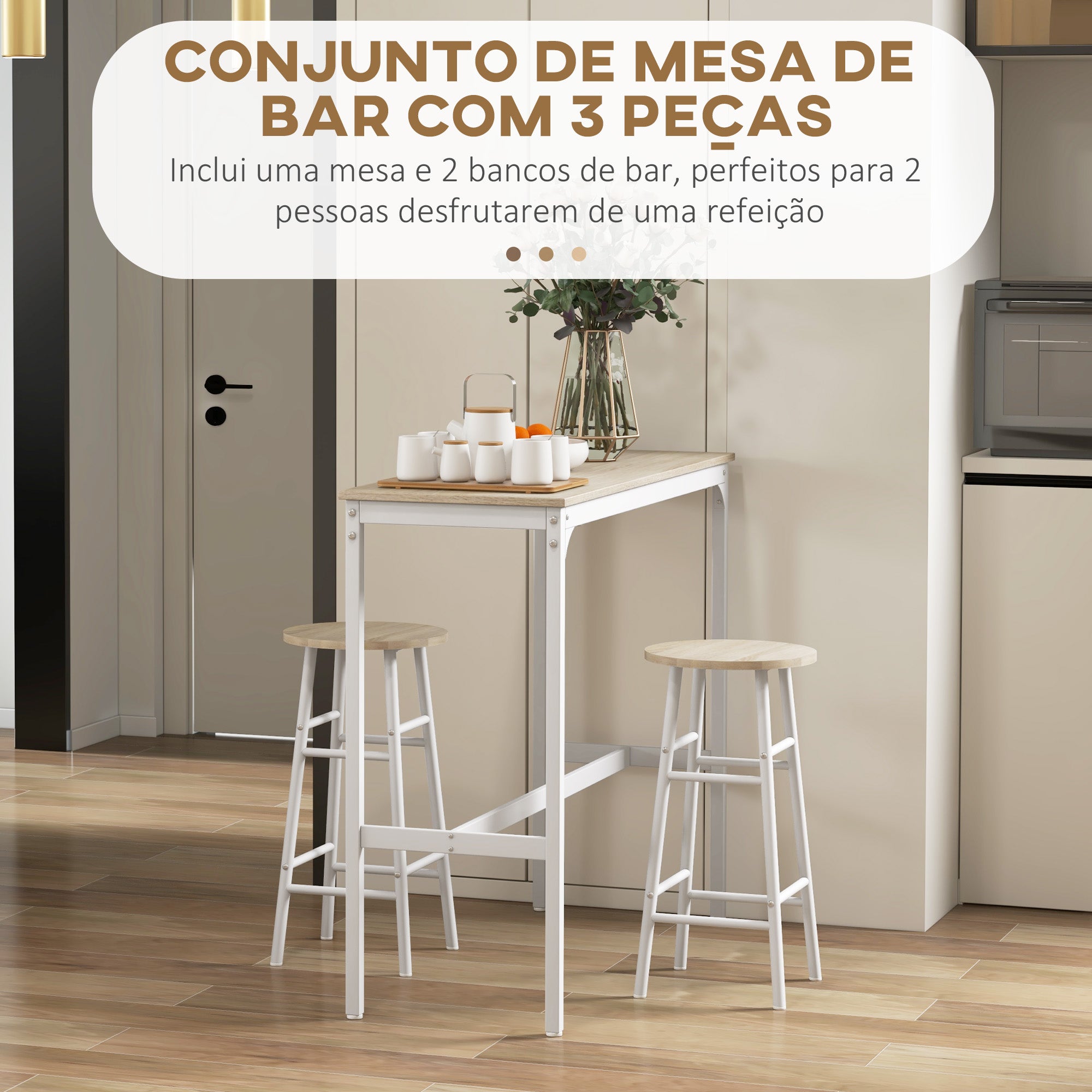 Conjunto de Mesa Alta de Bar com 2 Bancos 105x40x90 cm Branco e Madeira